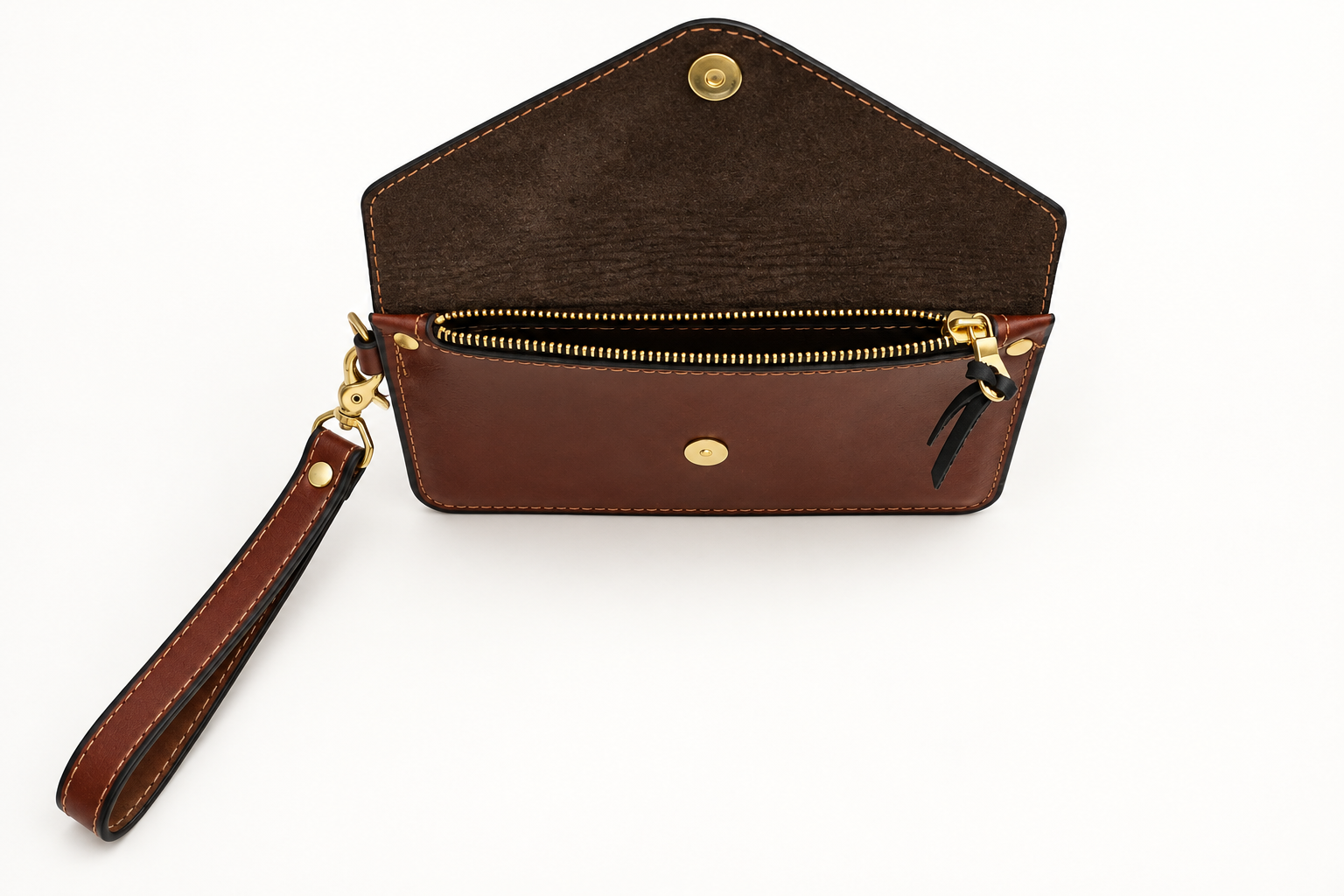 Open dark chocolate leather envelope wristlet-3.png