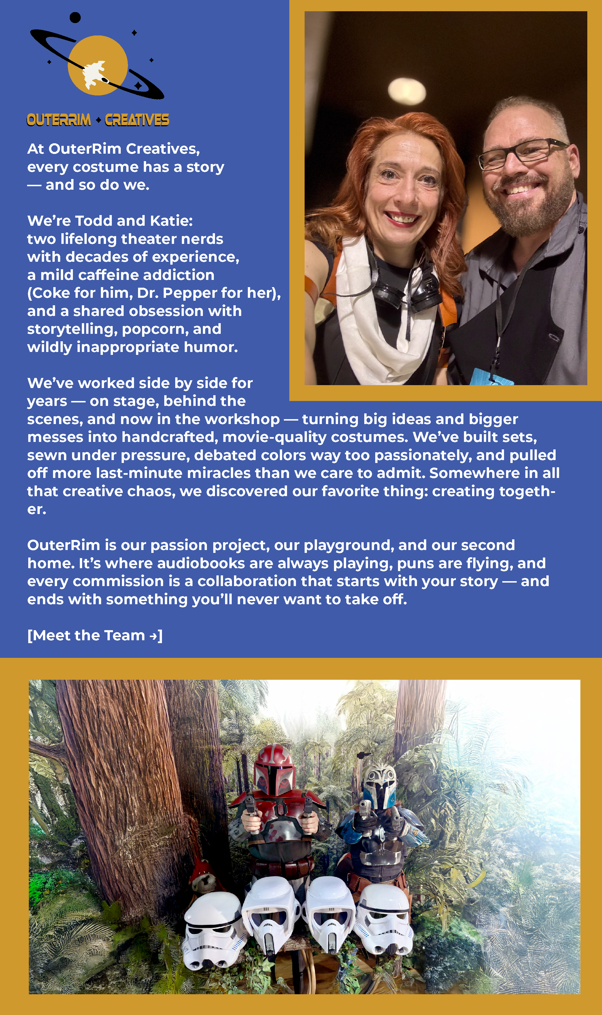 Katie Strength and Todd Welch, founders of OuterRim Creatives, a high-end custom cosplay and costume studio.