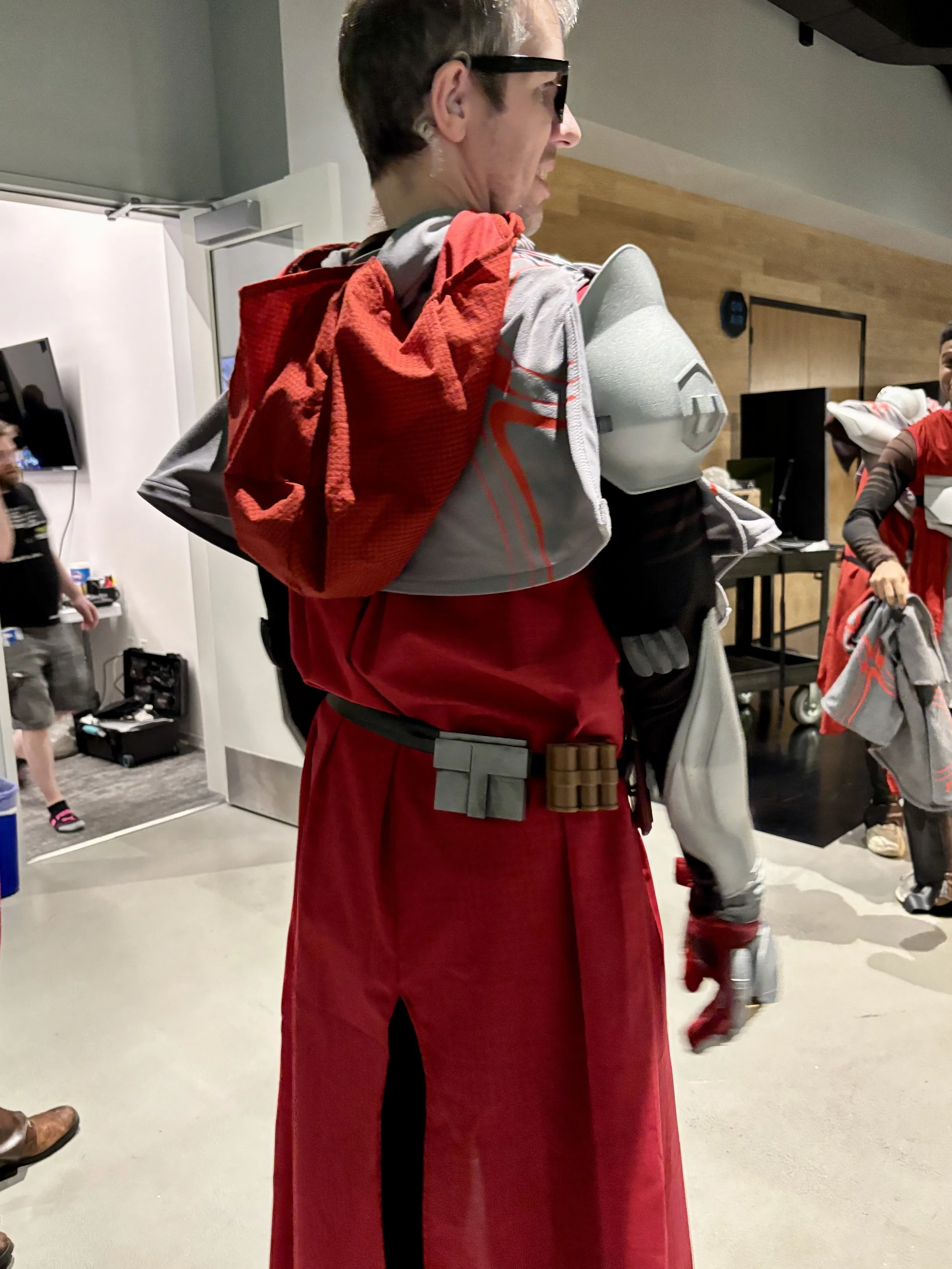 Back view of Destiny LODI costume with articulated armor and mobility-focused design