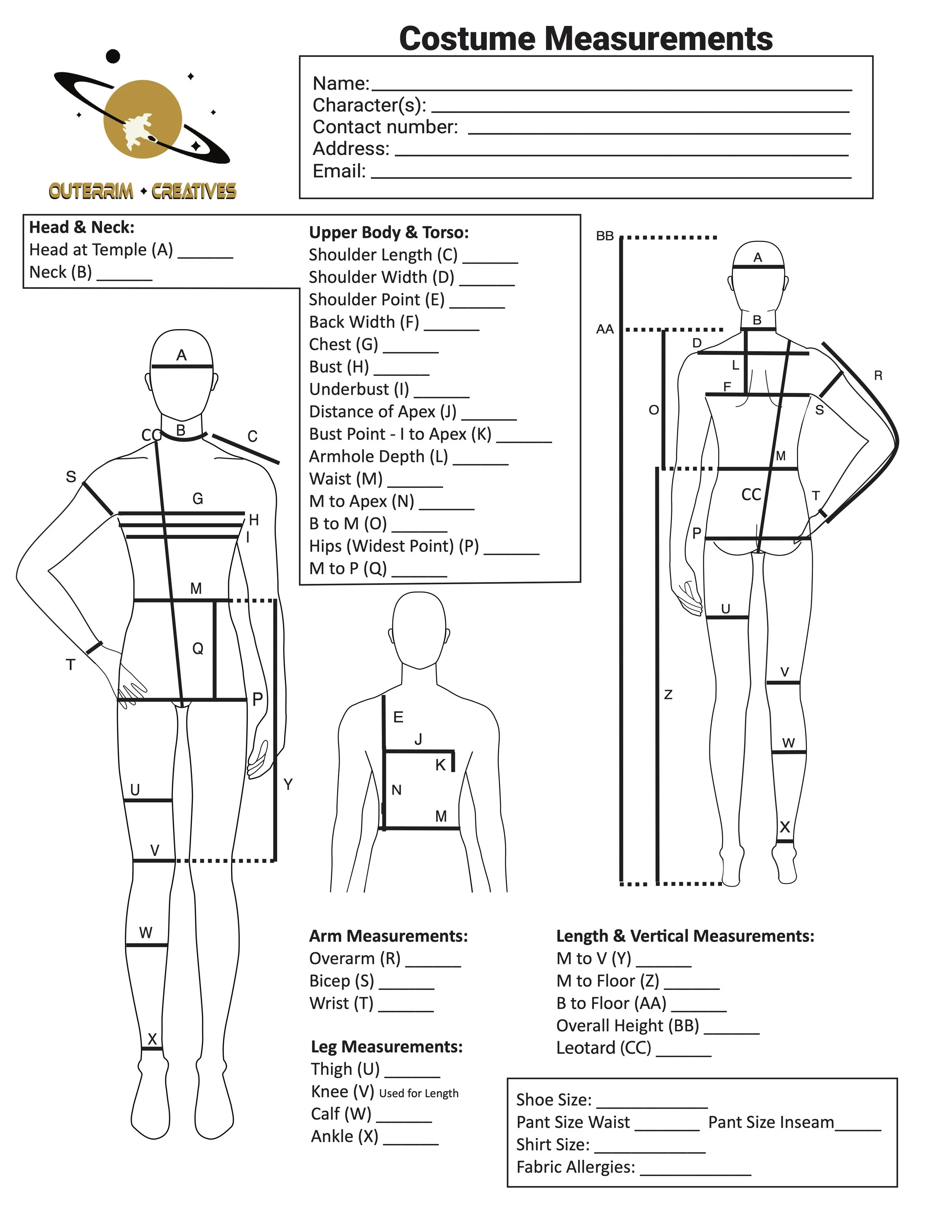Measurement guide required for custom cosplay commissions at OuterRim Creatives.