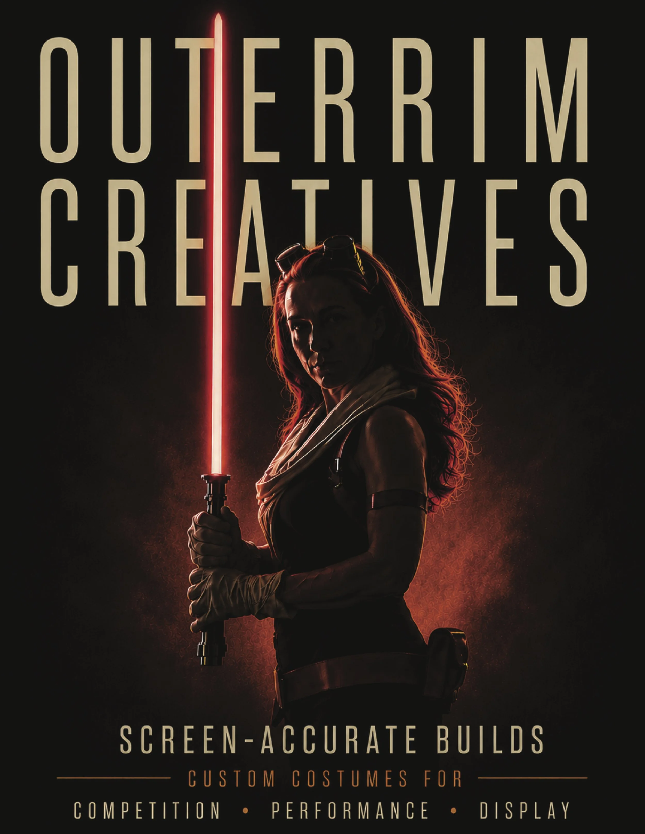 Dark Rey custom costume with black robes and a red double-bladed lightsaber. Screen-accurate builds for competition, performance, and display.