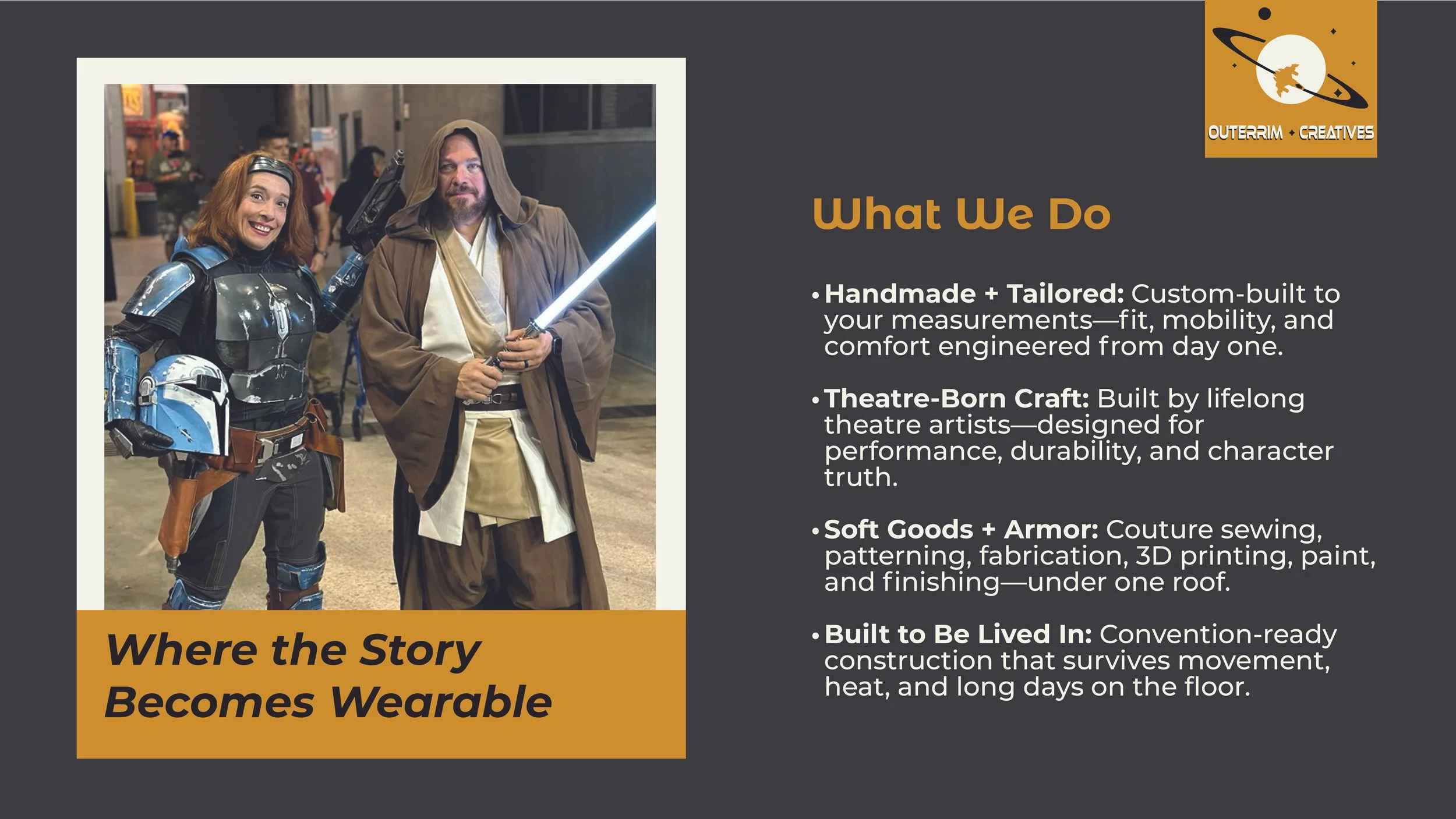 Todd Welch and Katie Strength wearing custom-built cosplay armor and Jedi robes, showcasing handcrafted, performance-ready costumes by OuterRim Creatives.