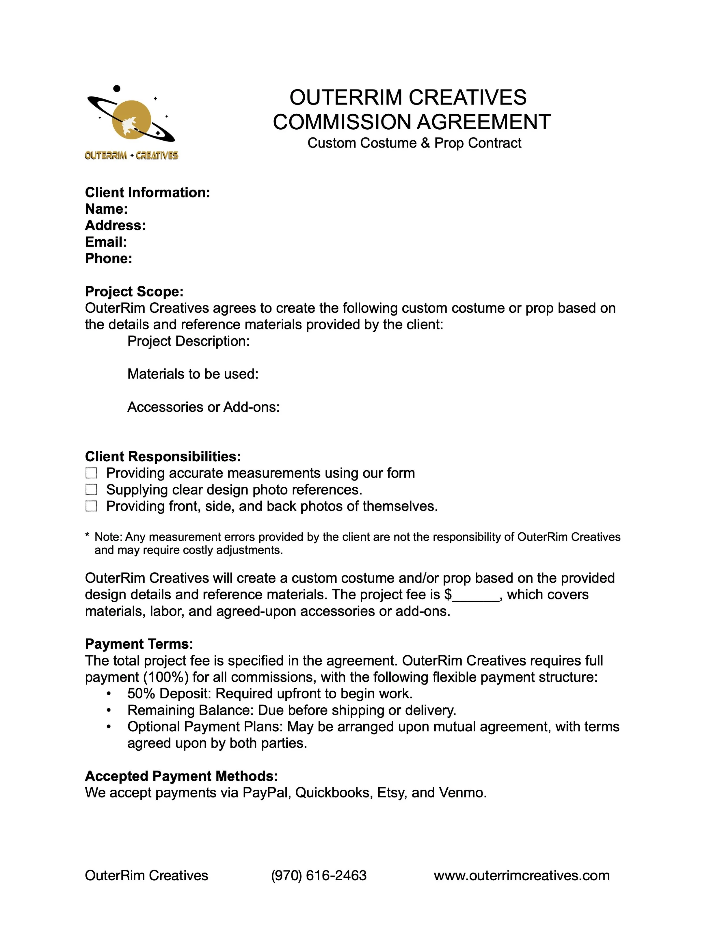 Commission agreement outlining process, policies, and expectations for custom cosplay projects at OuterRim Creatives.