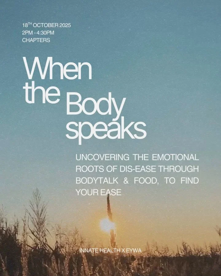 Did you know your body speaks through symptoms?

BodyTalk practitioner Fitz @bodytalkwithfitz will share how our emotions show up in the body and how BodyTalk helped in cancer recovery.

And because we are what we eat (and think), Jacinda @dada_the_e