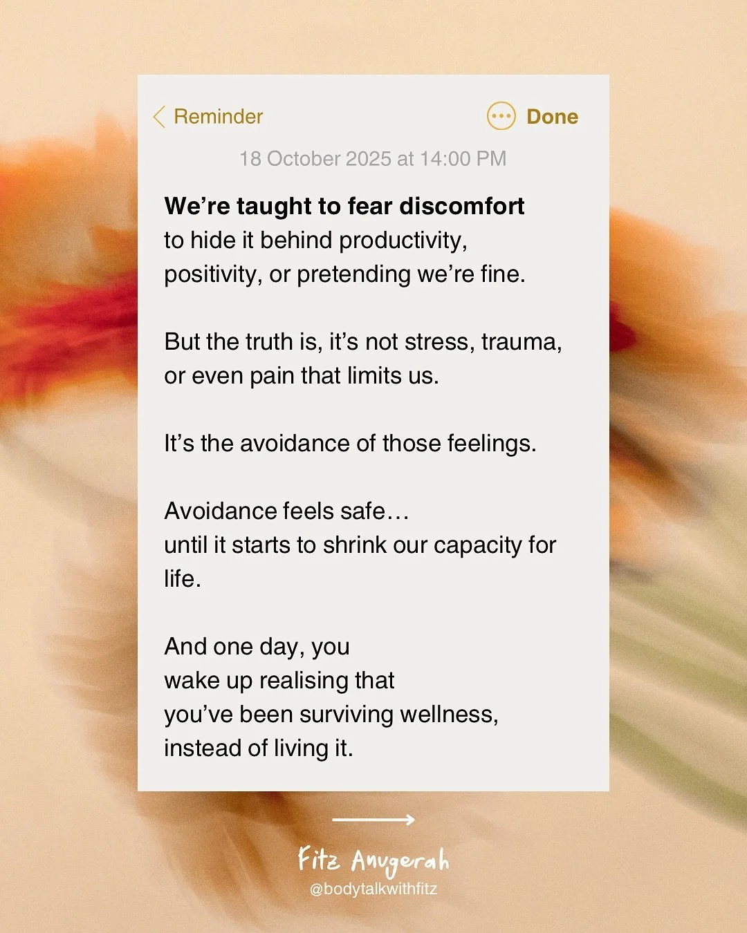 Ever notice how the moment you stop running&hellip; everything you&rsquo;ve been avoiding finally catches up?

The fatigue, the emotions, the stuckness.

That&rsquo;s not failure. That&rsquo;s your body asking to be heard.

We avoid, we push through,