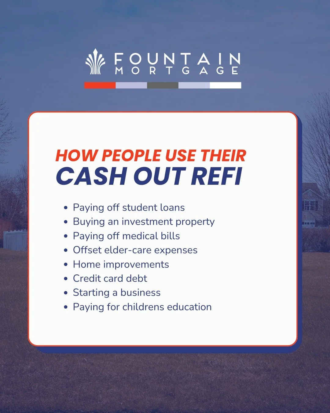 A cash-out refinance lets you tap into your home&rsquo;s equity and put it to work&mdash;whether that&rsquo;s paying off debt, renovating your home, or investing in the future.

 #mortgagelender #HomeIsWhereTheHeartIs #LocalLender #FountainMortgage #
