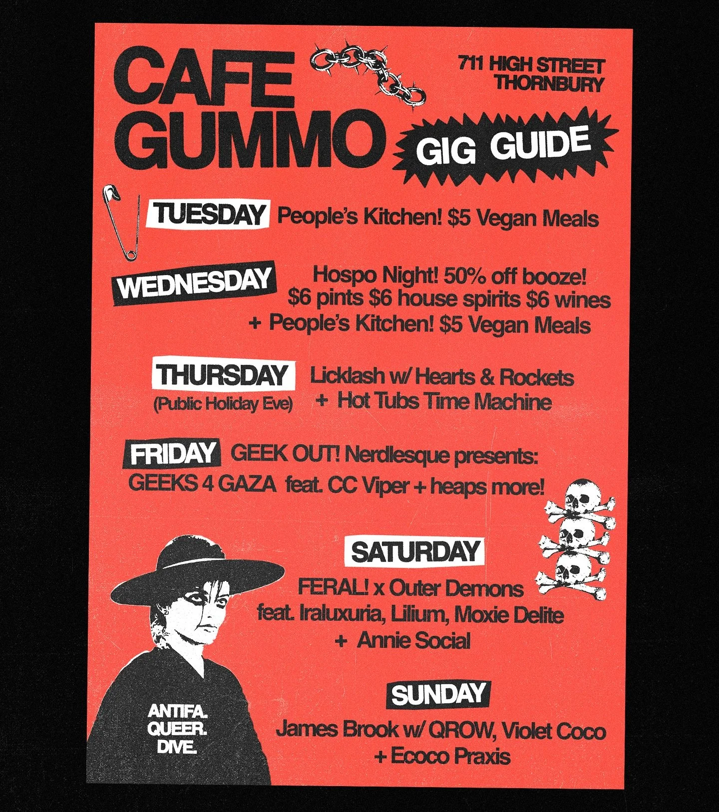 THIS WEEK AT GUMMO: 

TUES - Peoples kitchen! $5 vegan feeds! 🤤 

WED - Cheap booze! What more do you want from us?! Plus $5 vegan meals again! 🍻

THURS (Public Holiday Eve) - @licklash_ are coming in hot w/ guests @hot_tubs_time_machine &amp; @hea