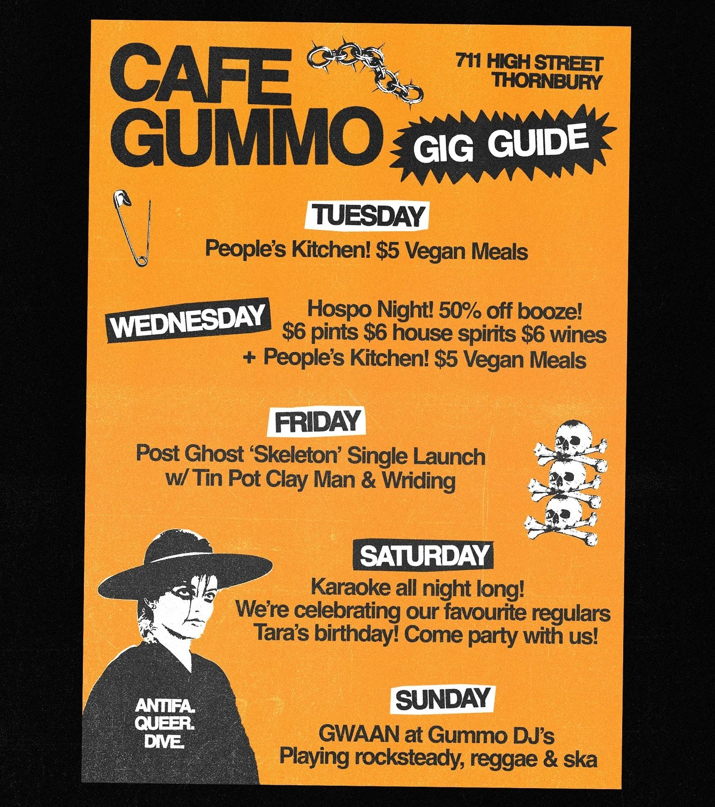 THIS WEEK AT GUMMO! 

TUES - Ppls kitchen as per usual with $5 vegan meals!!! 

WED - $6 house booz folks, come get drunk 🍻 PLUS people&rsquo;s kitchen AGAIN because we love you 

FRI - @postghosttheband are launching their new single with super hot