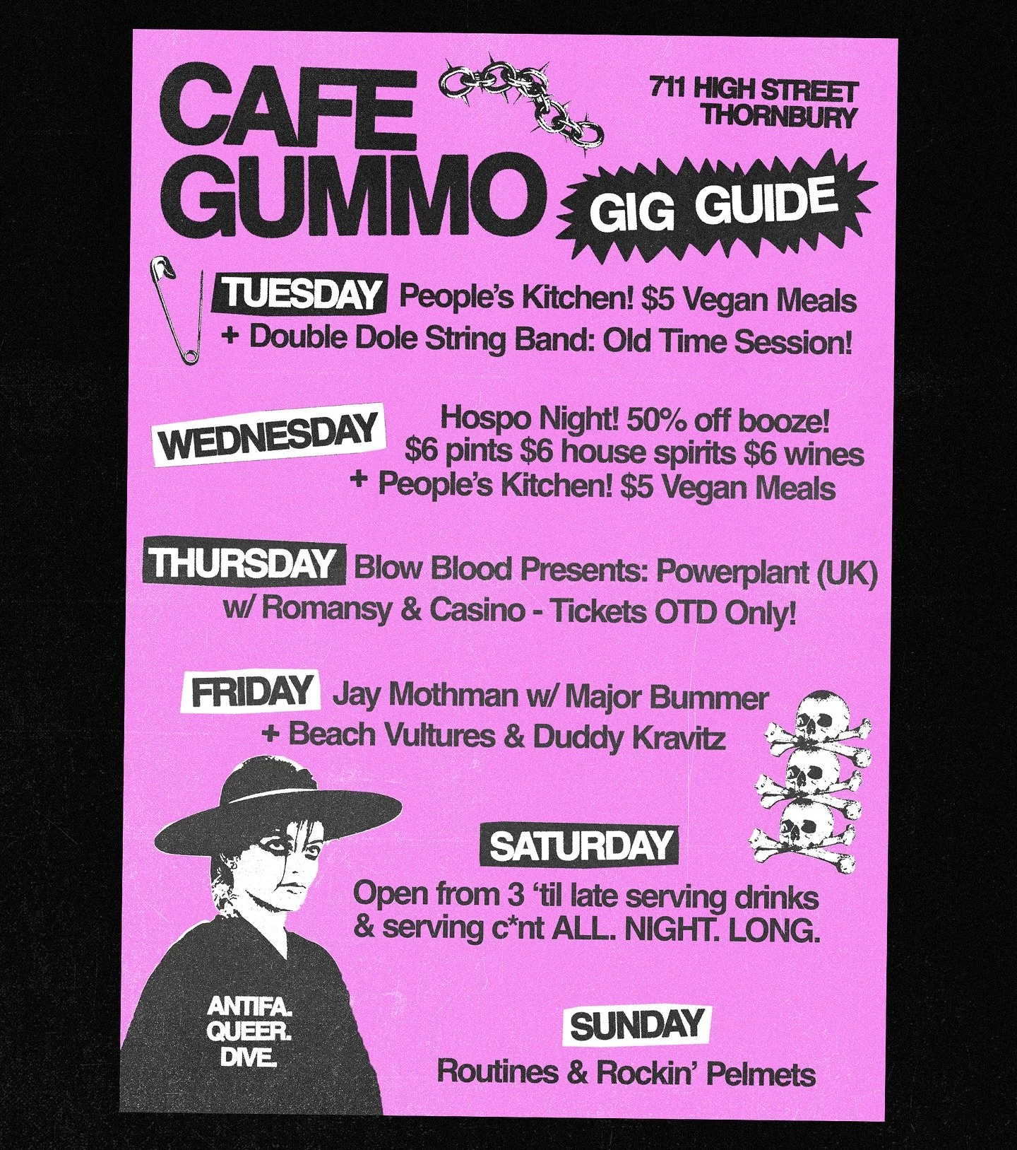 THIS WEEK AT GUMMO: 

TUES - @double_dole_stringband are swingin&rsquo; by for an old time session! PLUS $5 vegan meals as per usual

WED - Hospo Night 😈 $6 pints $6 spirits $6 wines 

THURS - UK synth punks @powerplantxx play their first ever AUS s