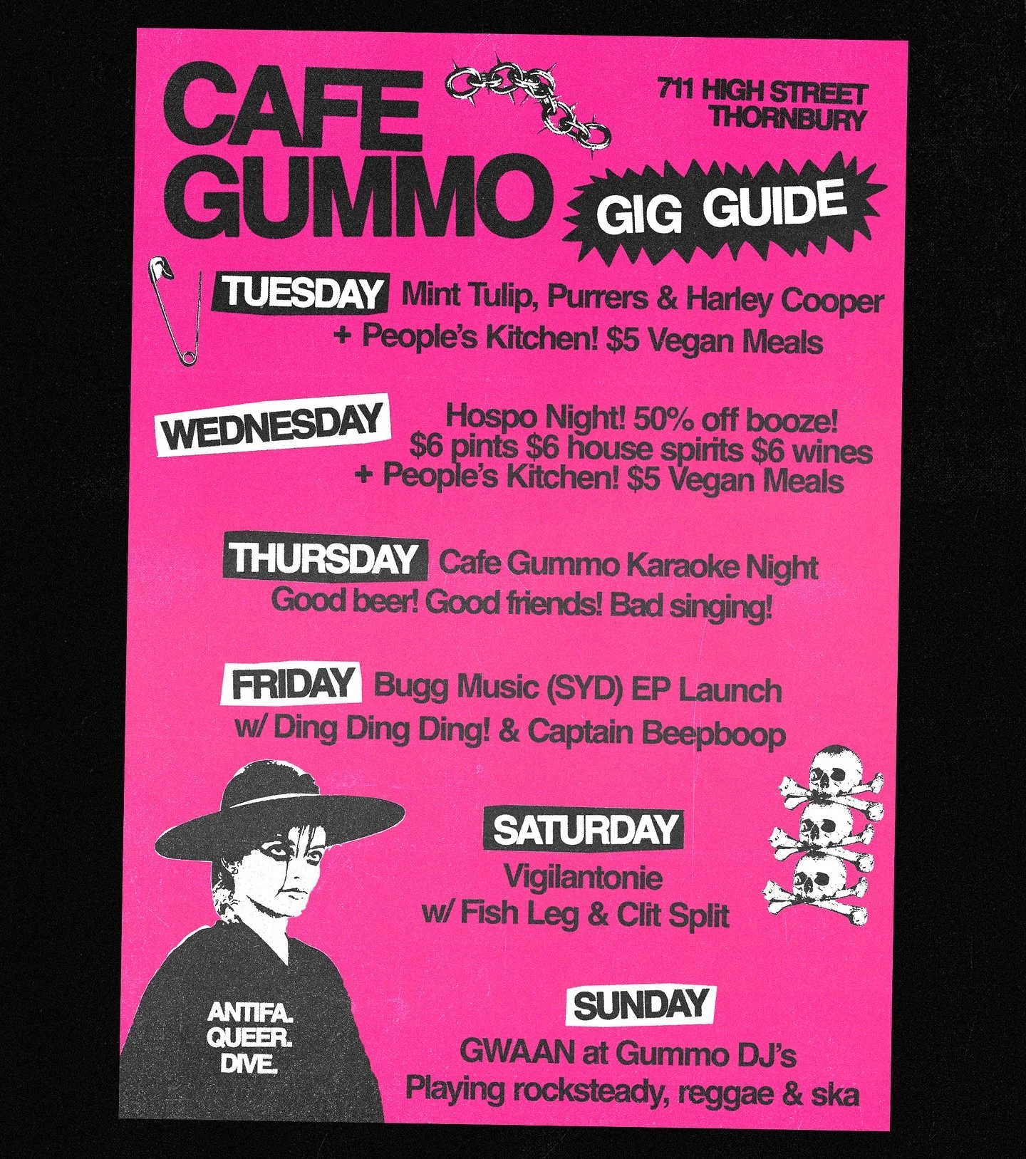 THIS WEEK @ GUMMO! 

TUES - Opening early tomorrow for an arvo show! The amazing @minttulipmusic are playing with @purrers.band &amp; @harleycooperrr + $5 vegan meals! 

WED - Hospo night! $6 house wine/beer/spirits 😵 ALSO $5 vegan meals again! 

TH