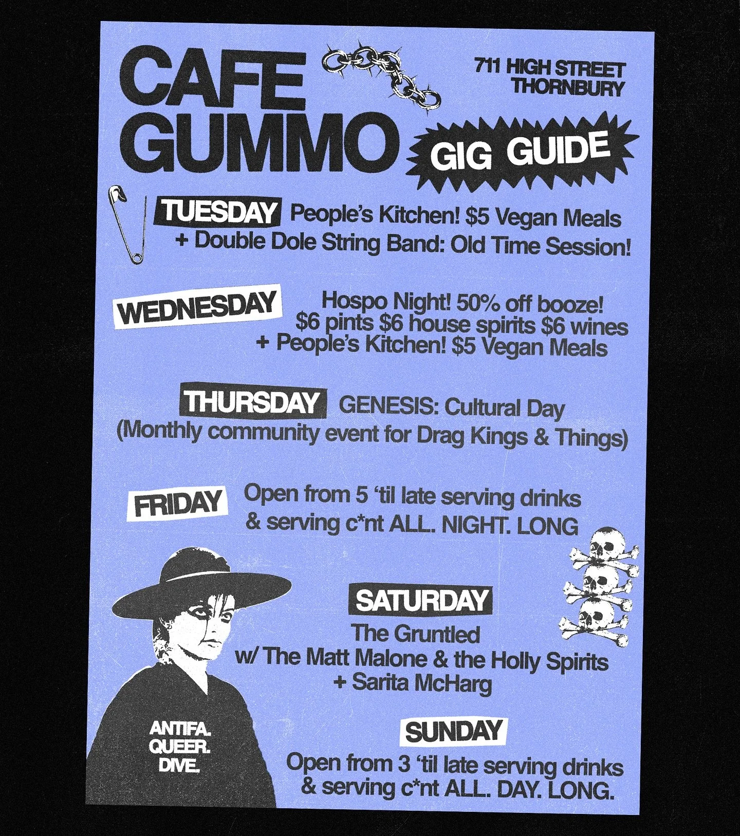 THIS WEEK AT GUMMO!

TUES - @double_dole_stringband are back for another Old Time Session! 🪕 

WED - Hospo Night! You know the drill. 

THURS - @genesis.drag cultural day! Drag for Kings &amp; Things 💜

FRI - We don&rsquo;t have a show on so come h