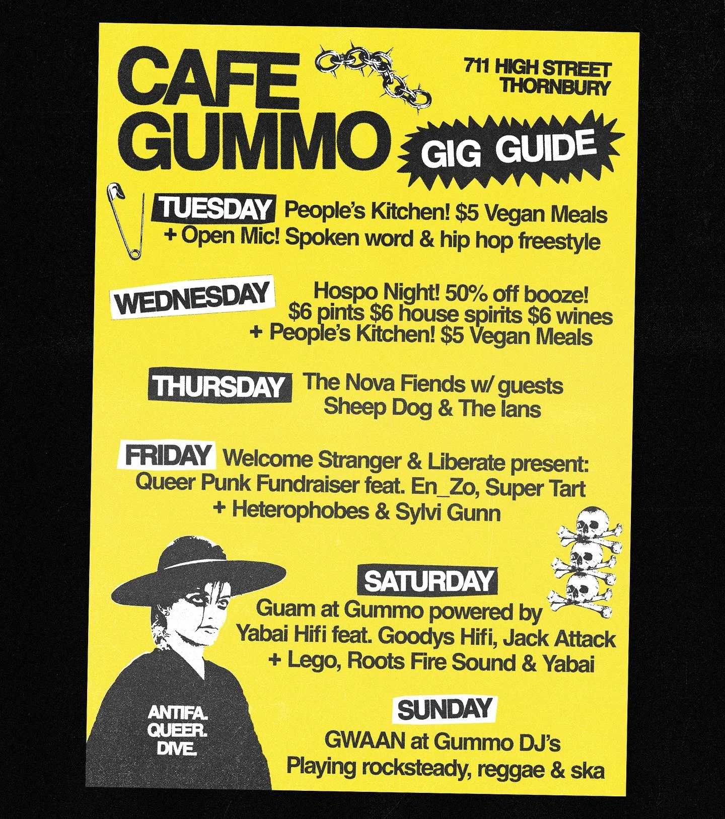 THIS WEEK AT GUMMO! 

TUES - @tteotv.gig open mic night! Plus $5 vegan meals! 

WED - Hospo Night! $5 meals &amp; $6 drinks 🍺 

THURS - @thenovafiends coming in hot with guests @sheep_dog_inc &amp; @theians_ 

FRI - @welcome_stranger_events &amp; @l