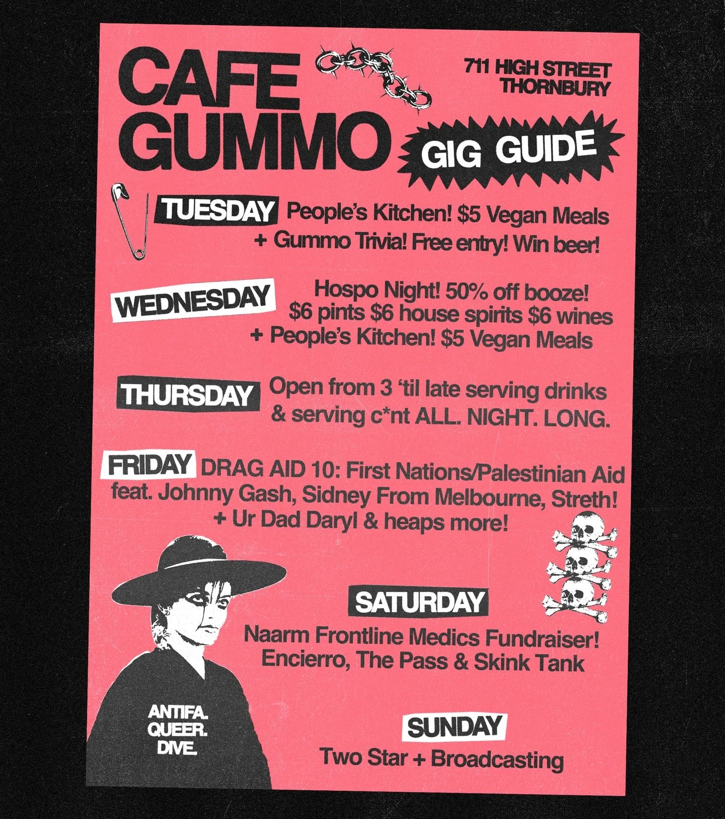 THIS WEEK AT GUMMO! 

TUES - Gummo Trivia TONIGHT. Free entry! Use brain good win beer! Plus $5 vegan meals. 

WED - Hospo night as per usual, $6 house spirits, $6 house wine, $6 PINTS 🍺 + $5 vegan meals again! 

THURS - No gig but we&rsquo;ll be pa