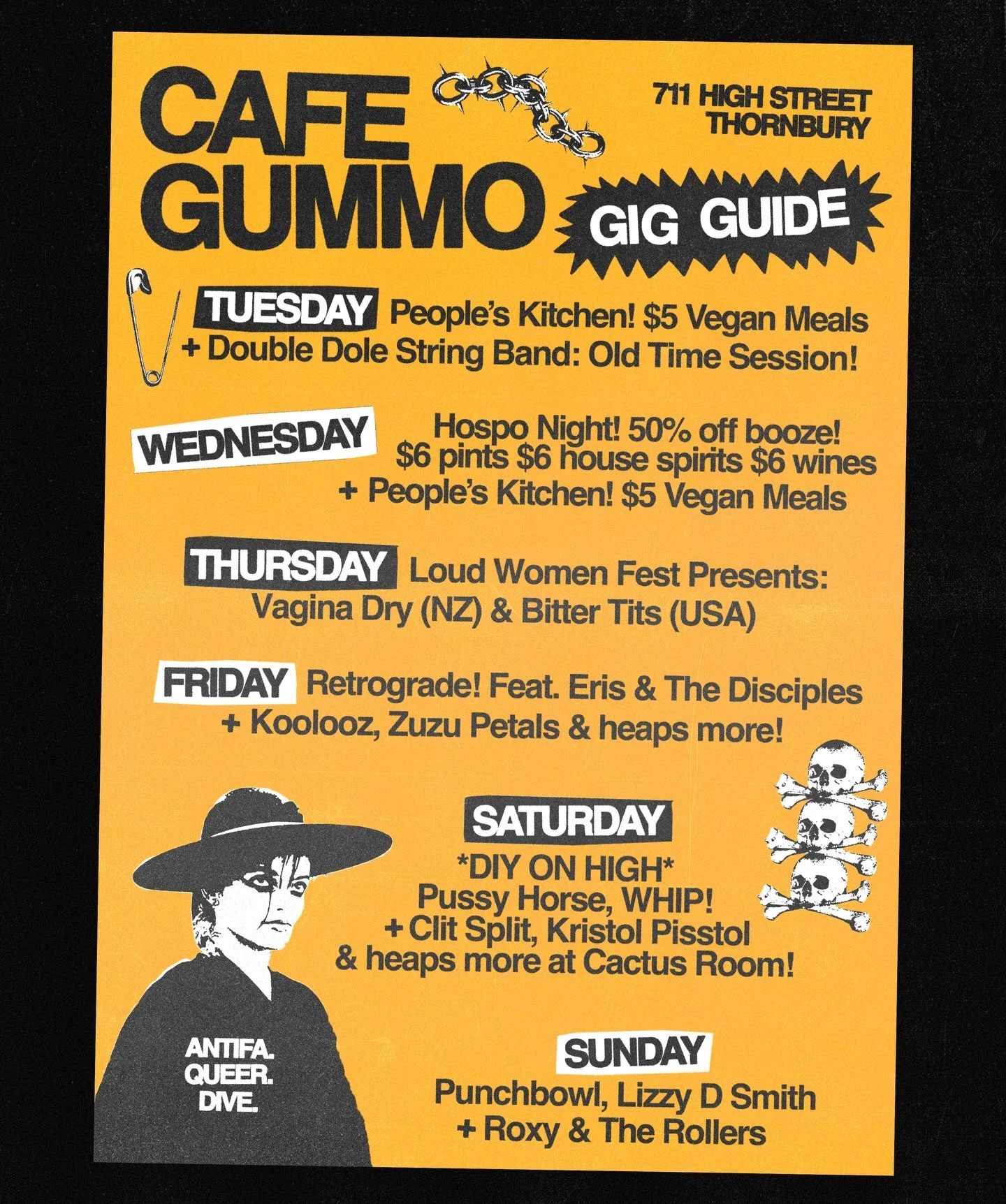 Huge week coming up at Gummo! 

TUES - @double_dole_stringband are back for another old time session + $5 vegan feeds 

WED - 50% off house booze! $6 pints $6 spirits $6 wines! 

THUR - @loudwomen &amp; @rub.punk present @thevaginadryband &amp; @bitt