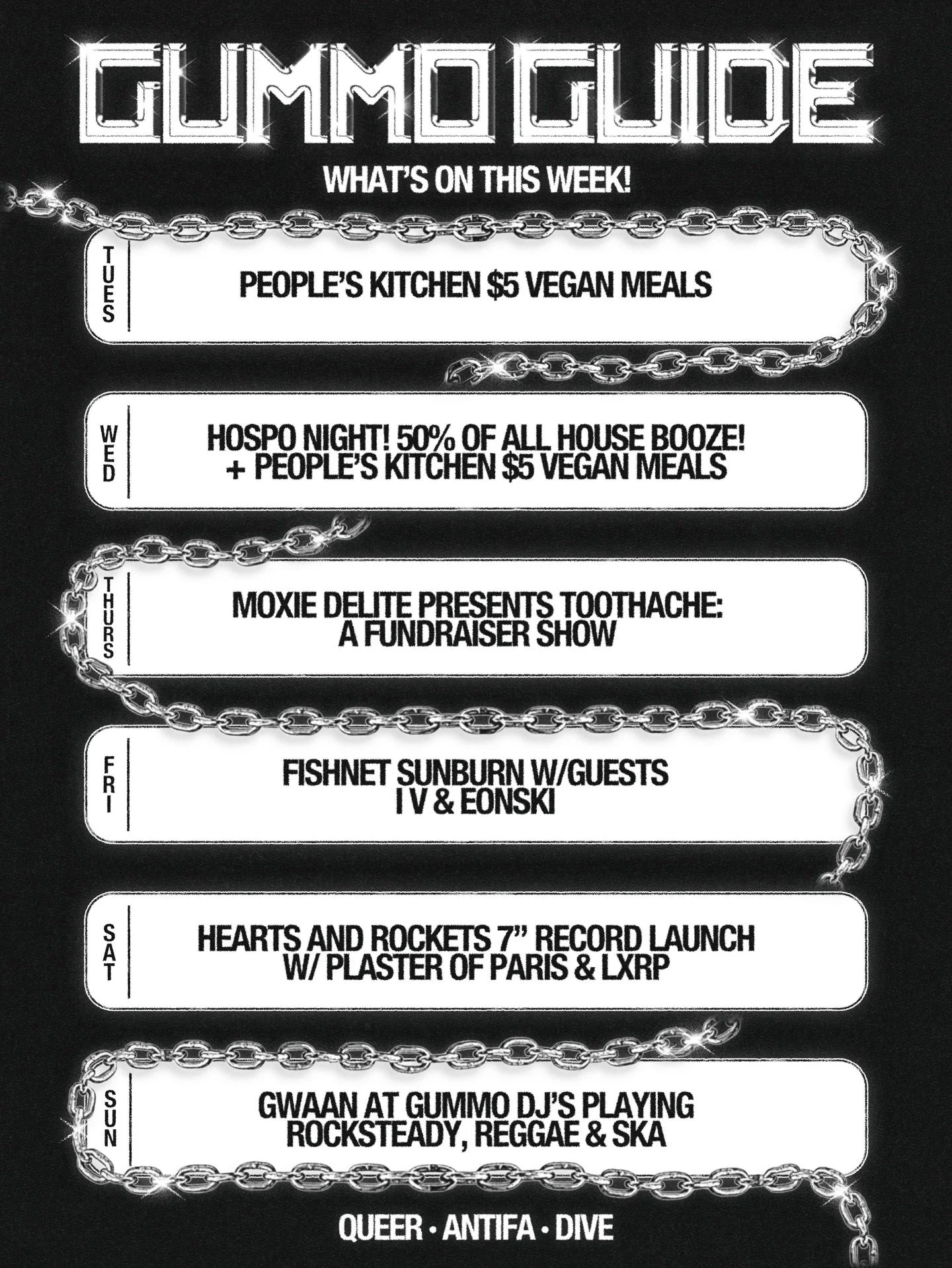 THIS WEEK AT GUMMO! 

TUES - Peoples kitchen ofc! $5 vegan feeds 😋

WED - Hospo night, 50% off house booze + people&rsquo;s kitchen again! $5 vegan feeds

THURS - @moxiedelite has put together a huge fundraiser show featuring @randyroydrag + @thepom