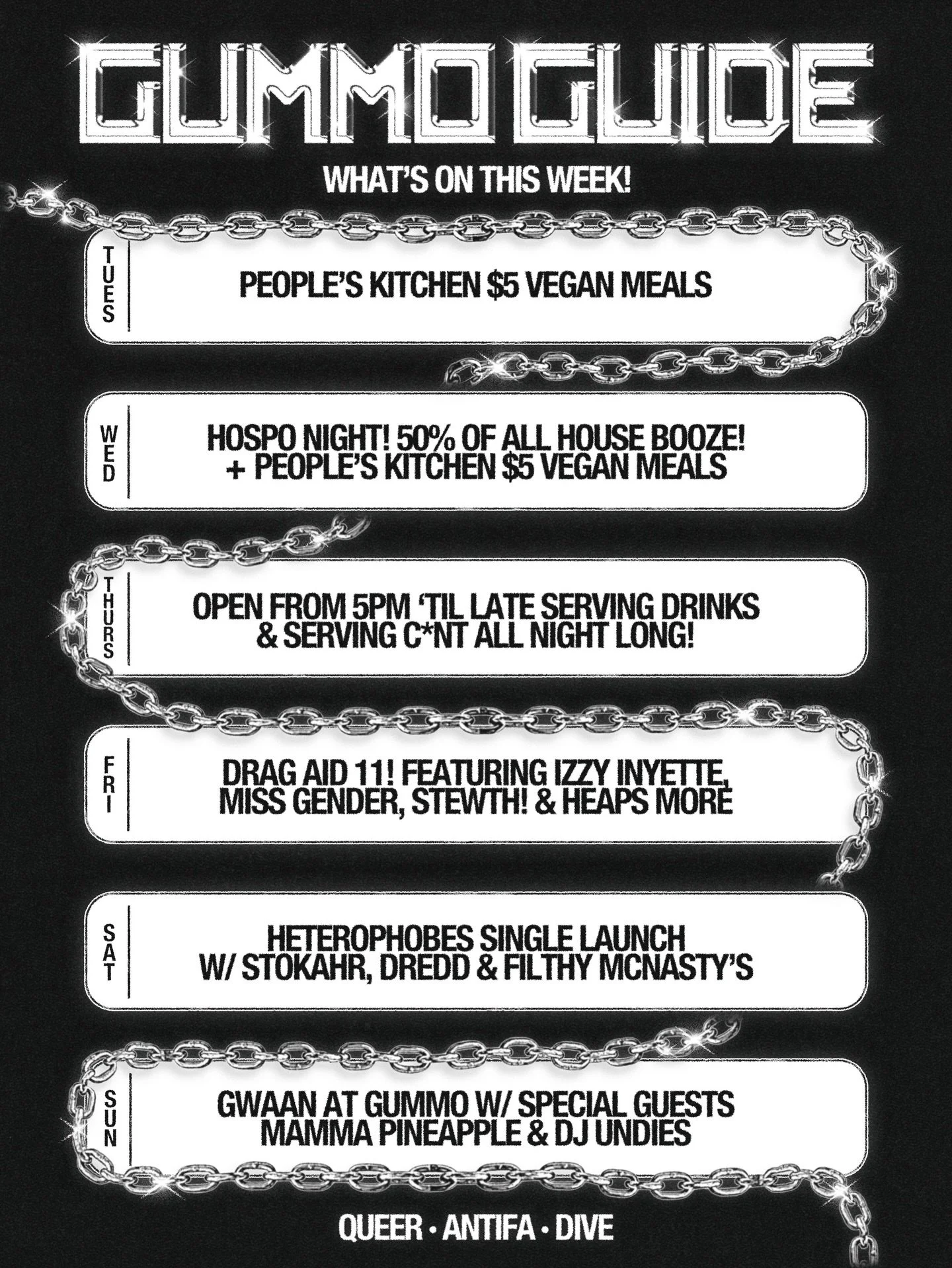 Plenty on this week! 🍻

TUES - People&rsquo;s kitchen $5 vegan feeds 

WED - Hospo night, you know the drill $6 pints! Plus $5 vegan feeds again 🤤 

THURS - No gigs on but we&rsquo;ll be serving all night long, come say hi! 

FRI - @drag_aid is bac