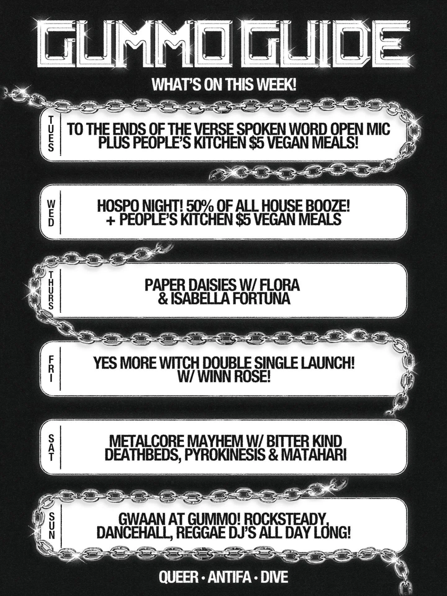 ⛓️ THIS WEEK! ⛓️

TUES - @tteotv.gig are back for spoken word &amp; hip hop freestyle open mic night!!! PLUS $5 vegan feeds as per usual 

WED - 50% off all house booze! $6 pints $6 spirits $6 wines 😈 

THURS - So stoked to have alt-folk legends @pa