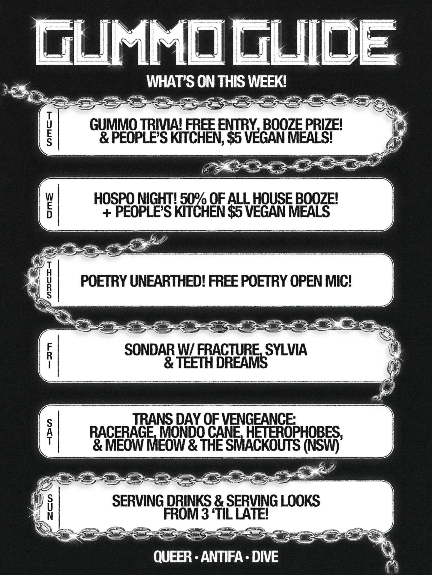 📢 Okay okay, huuuuge week coming up at Gummo! 

Tuesday - TRIVIA! Free entry, hosted by @smooth91.5 💜 Drink beer, use brain, win beer!!!

Wednesday - Hospo night baby, 50% off all house booze all night long! 

Thursday - @poetry_unearthed_melb Free
