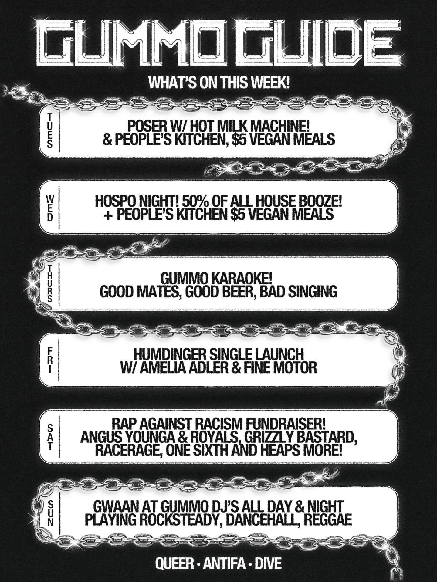 This week at Gummo! 💜

Tuesday - kicking the week off with a sick show, @poser_the_band &amp; @hotmilkmachine bring you some buzzy punk for your Tuesday evening! 

Wednesday - Hospo night means ALL house booze is 50% off! $6 pints! 🍻 

Thursday - G