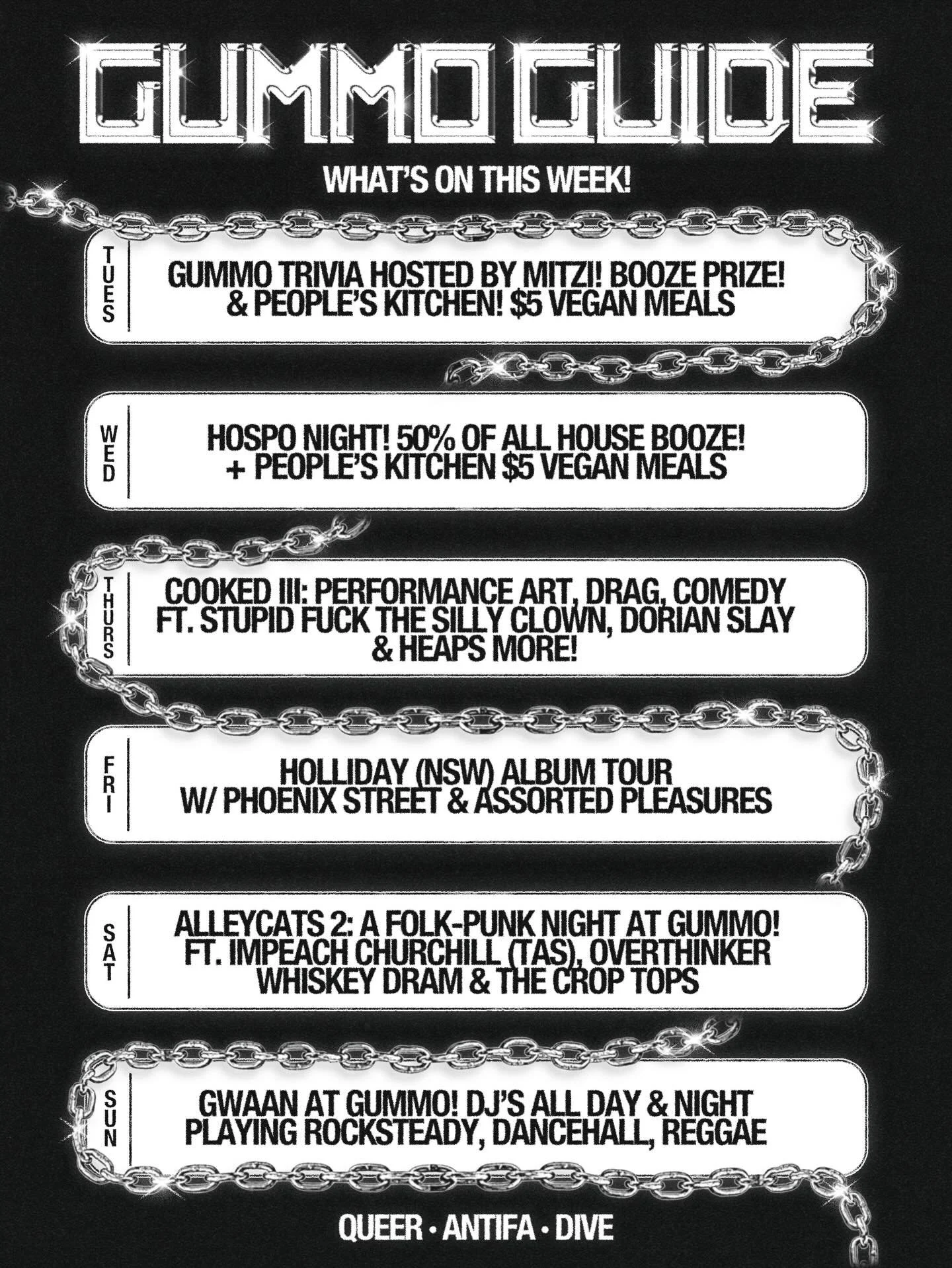 This week! 

TUES - Gummo trivia hosted by @smooth91.5 !!! Use brain win beer 🧠 

WED - Hospo night! $6 pints $6 spirits $6 wines 50% off all house booze 🍻 

THURS - @thatcookedshow is back in the house for COOKED 3 starring @stupidfuck.com.au + @t