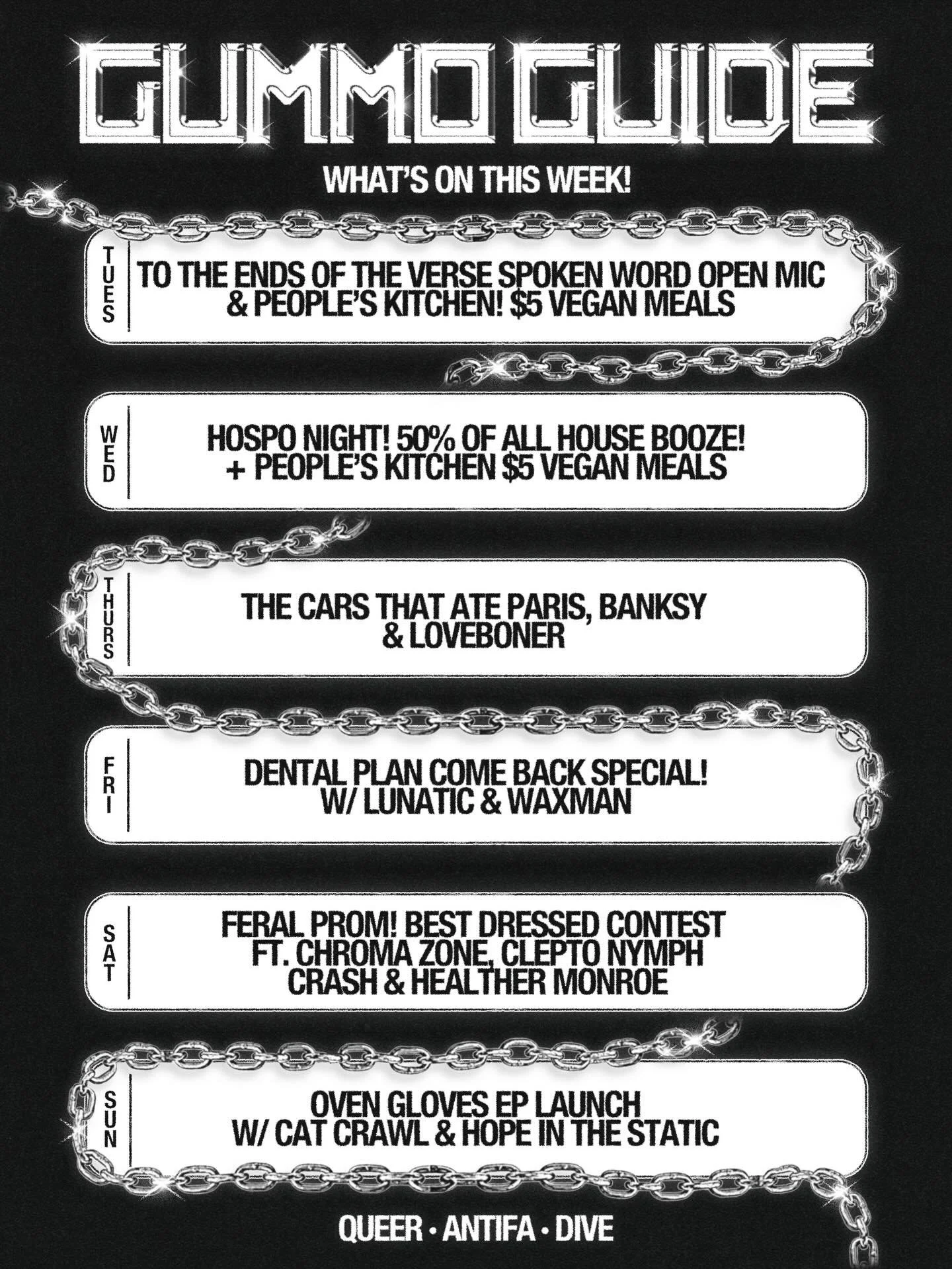 SO much on this week 🥵 

Tues - @tteotv.gig are back for another spoken word open mic, plus $5 vegan feeds! 

Wed - 🍻 HOSPO NIGHT 🍻 50% off ALL house booze. That means $6 pints&hellip; that means $6 spirits&hellip; that means $6 wines PLUS $5 vega