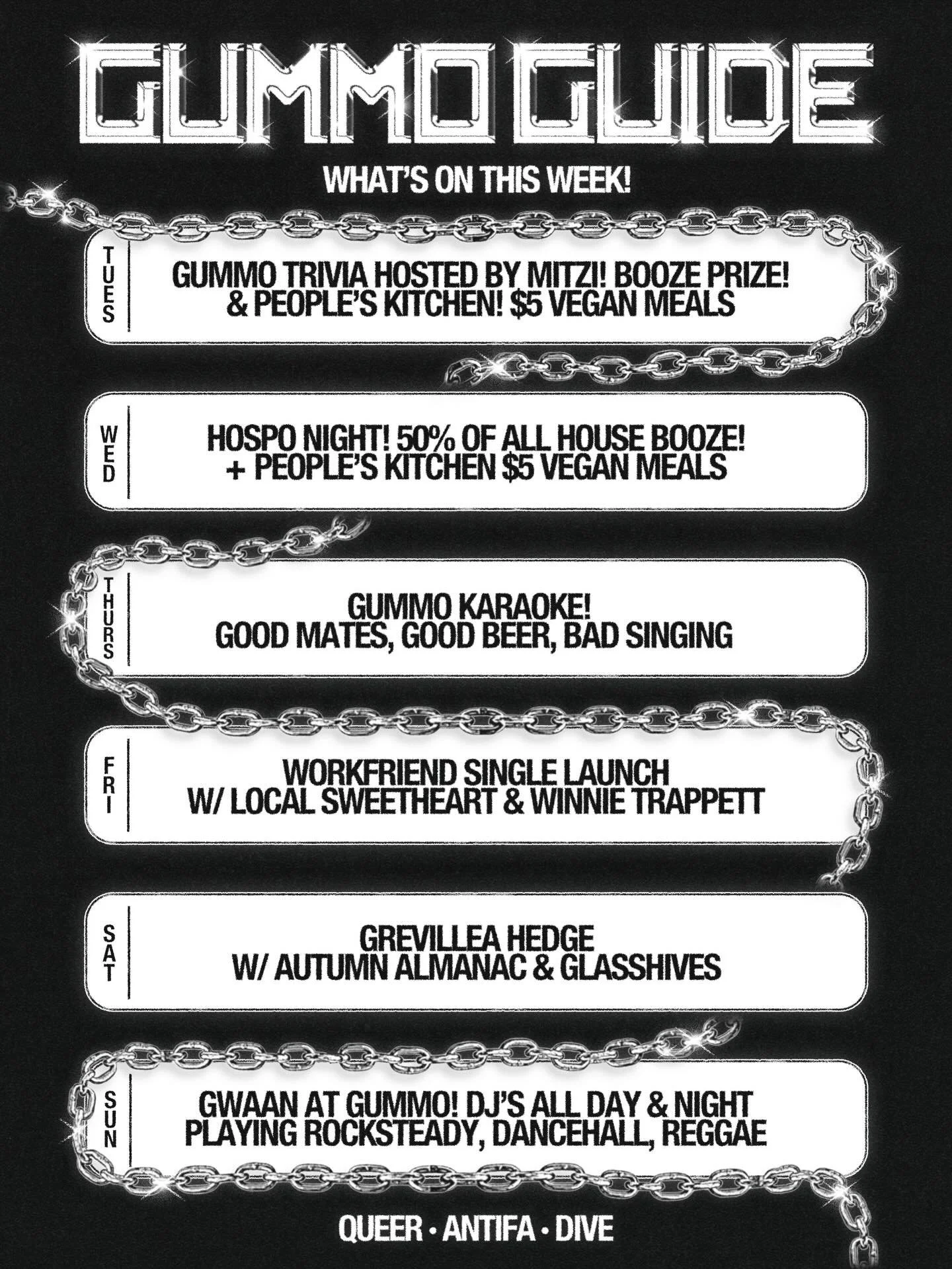 💜 This week&rsquo;s Gummo Guide! 💜

Tues - Everyone&rsquo;s bestie @smooth91.5 is back hosting TRIVIA! Use brain win beer 🧠🍻 + $5 vegan eats!!! 

Wed - HOSPO night returns, 50% off all house booze + $5 vegan feeds again 😋 

Thurs - Gummo Karaoke