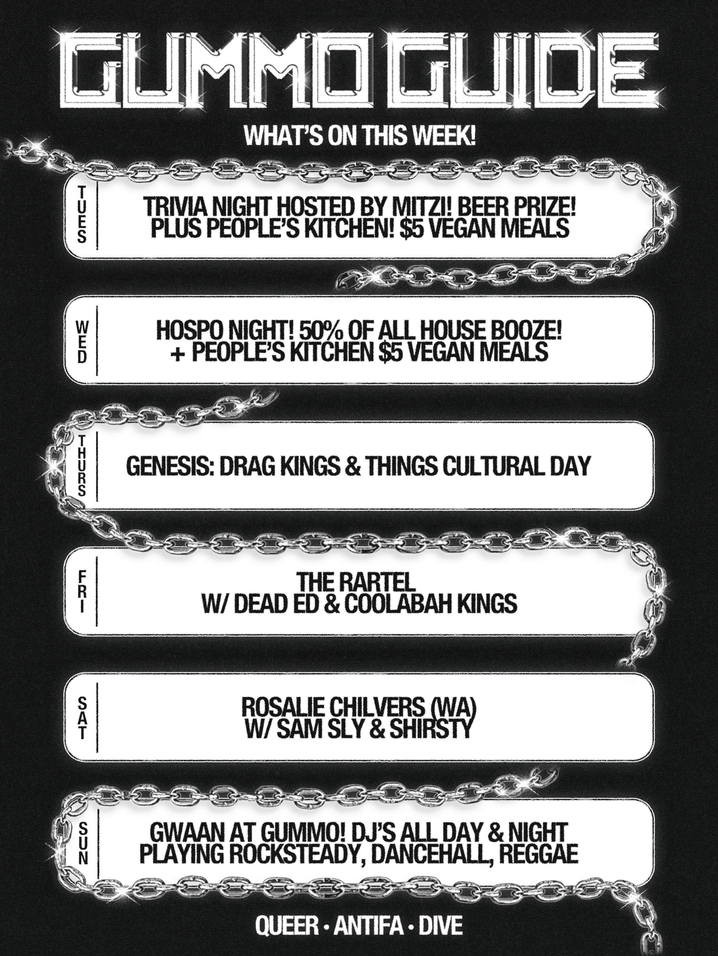 ⛓️ 𝔗𝔥𝔦𝔰 𝔴𝔢𝔢𝔎 ⛓️

TUES - TRIVIA! Hosted by @smooth91.5 🥵 use your brain &amp; win some beer! Plus $5 vegan eats?!

WED - Hospo night every Wednesday, 50% off ALL house booze!!! 

THURS - @genesis.drag cultural day! Huge night, lots of perform