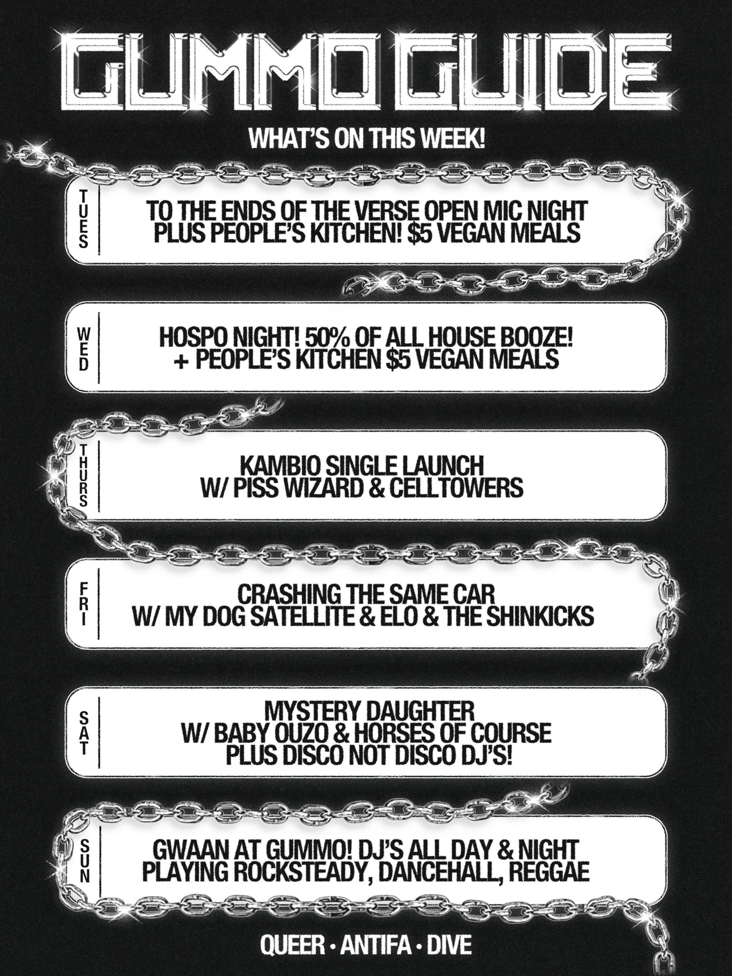 Just a bit on this week! 😅

TUES - @tteotv.gig is back for another week of spoken word &amp; freestyle open mic! Plus $5 vegan feeds as per usual!

WED - 50% off all house booze for hospo night! That&rsquo;s $6 pints, $6 spirits, $6 wines 😈

THURS 