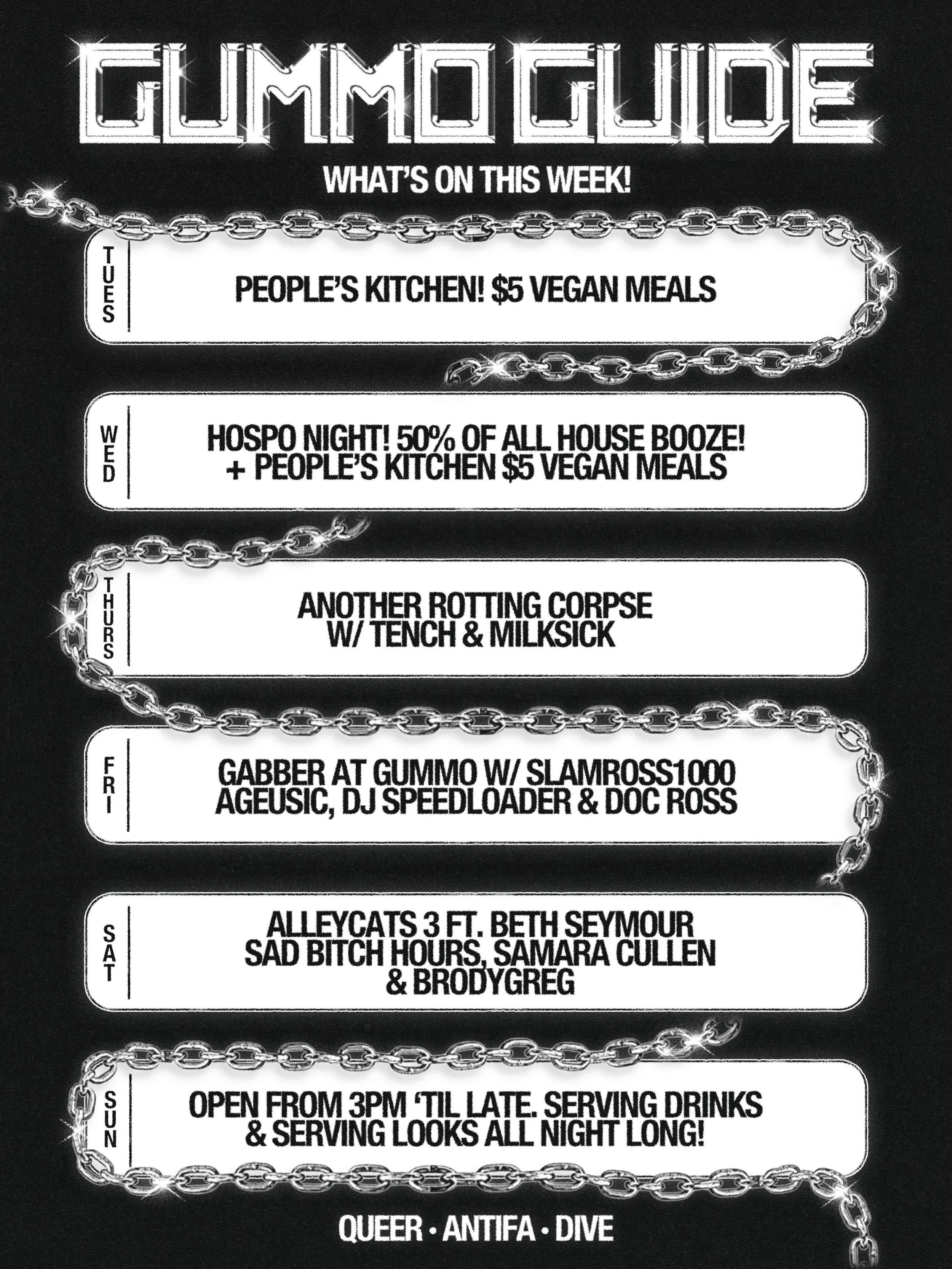 This week at Gummo! 

TUES - $5 Vegan meals 🤤

WED - $5 Vegan meals AGAIN + 50% off all house booze! 

THURS - @another_rotting_corpse_band have recently evolved into a 3 piece and we&rsquo;re so here for it, joining them are @milksickband &amp; eve