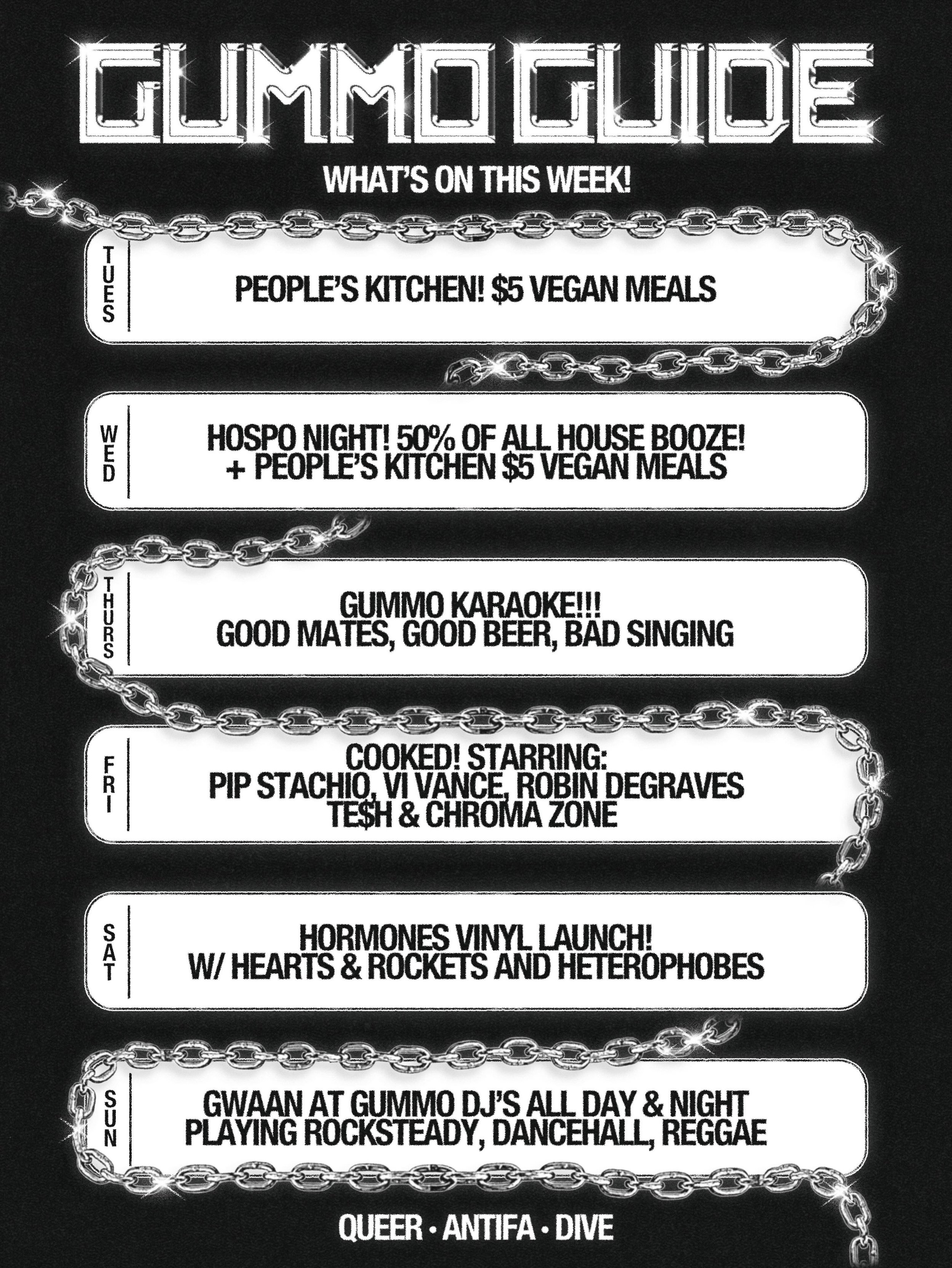 This week! 

TUES - People&rsquo;s kitchhh! $5 feeds 🤤 

WED - Hospo night, $6 house pints, $6 house spirits, $6 house wines 

THURS - Karaoke!!!!! Come sing your heart out 💘

FRI - @thatcookedshow is BACK with an all star lineup! Ft. @pip_stachio_