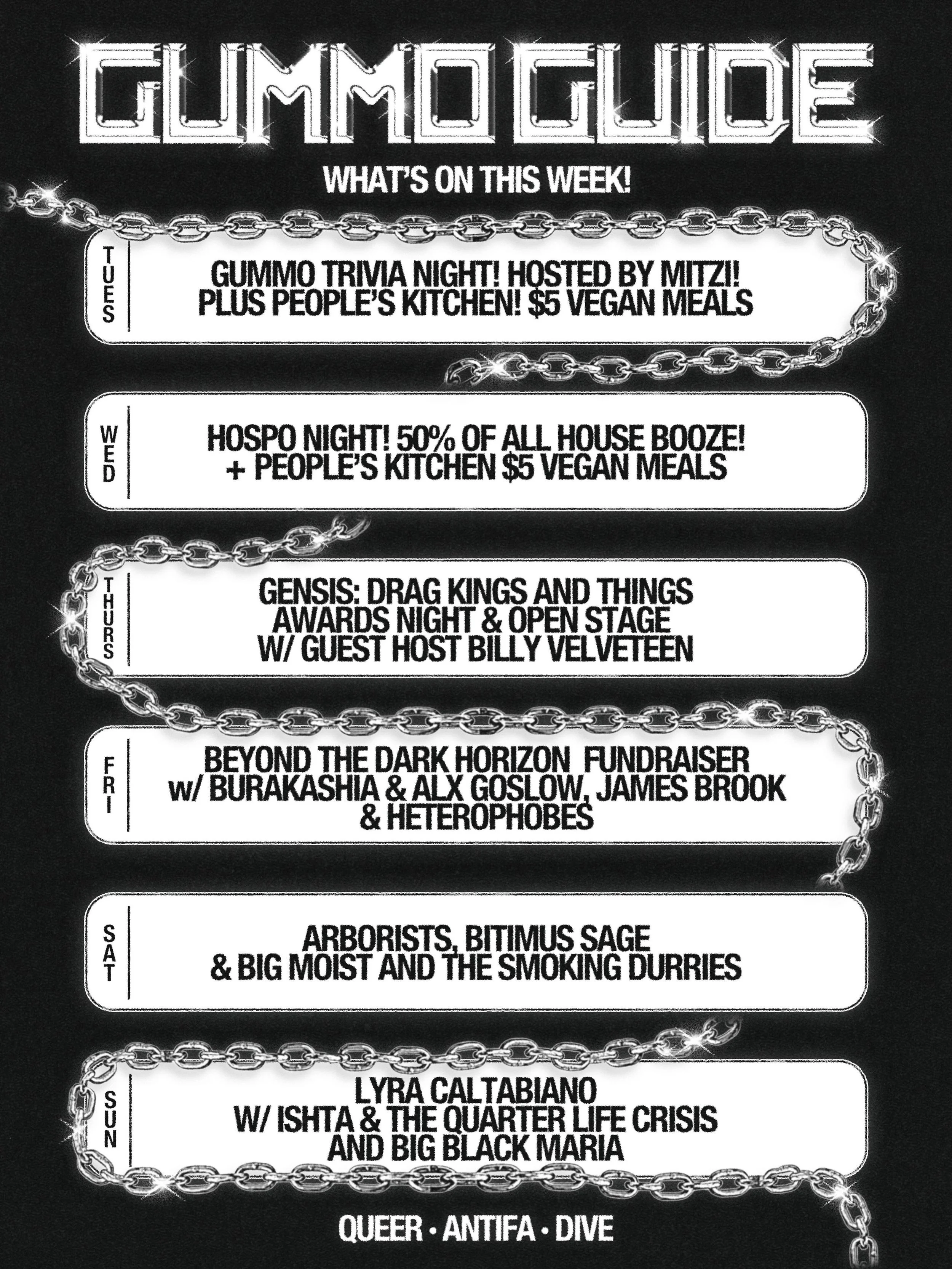 This week! 🖤🖤

TUES: Starting off with trivia TONIGHT hosted by the wickedly talented, one &amp; only, @smooth91.5 

WED: Wednesday is hospo night as you might already know! $6 house pints?! 🍻 

THURS: Stoked to have @genesis.drag back in the hous
