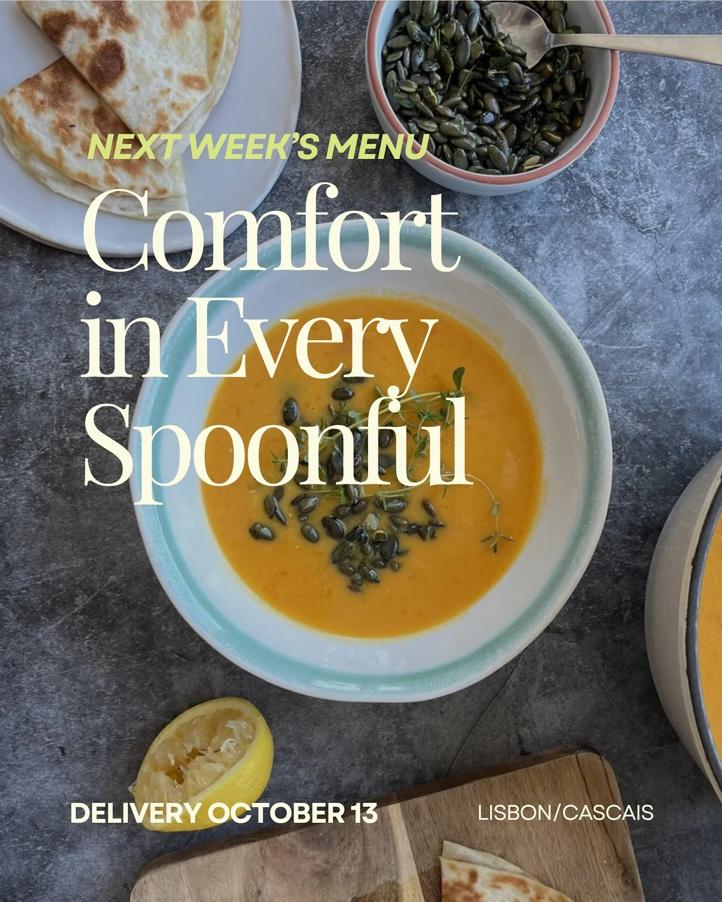 🍂 Next week&rsquo;s menu is ready!

Autumn flavours are slowly taking over our kitchen - warm, cozy and a little bit golden.

Here&rsquo;s what&rsquo;s cooking:
🥣 Pumpkin soup with thyme and quesadillas
🌿 Za&rsquo;atar tofu with herb rice and whip