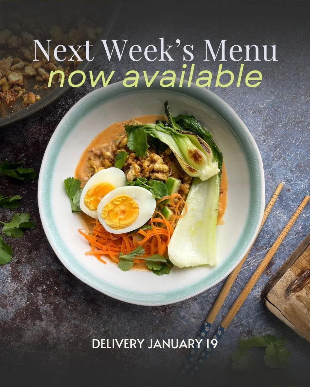 Next week&rsquo;s menu is here! 💃✨

Get ready for bold flavours, nourishing veggies, and satisfying healthy fats + protein.

🍲 Black bean chili with charred corn &amp; cilantro
🍜 Creamy miso peanut ramen
🐟 Mediterranean salmon (or chickpea + avoc