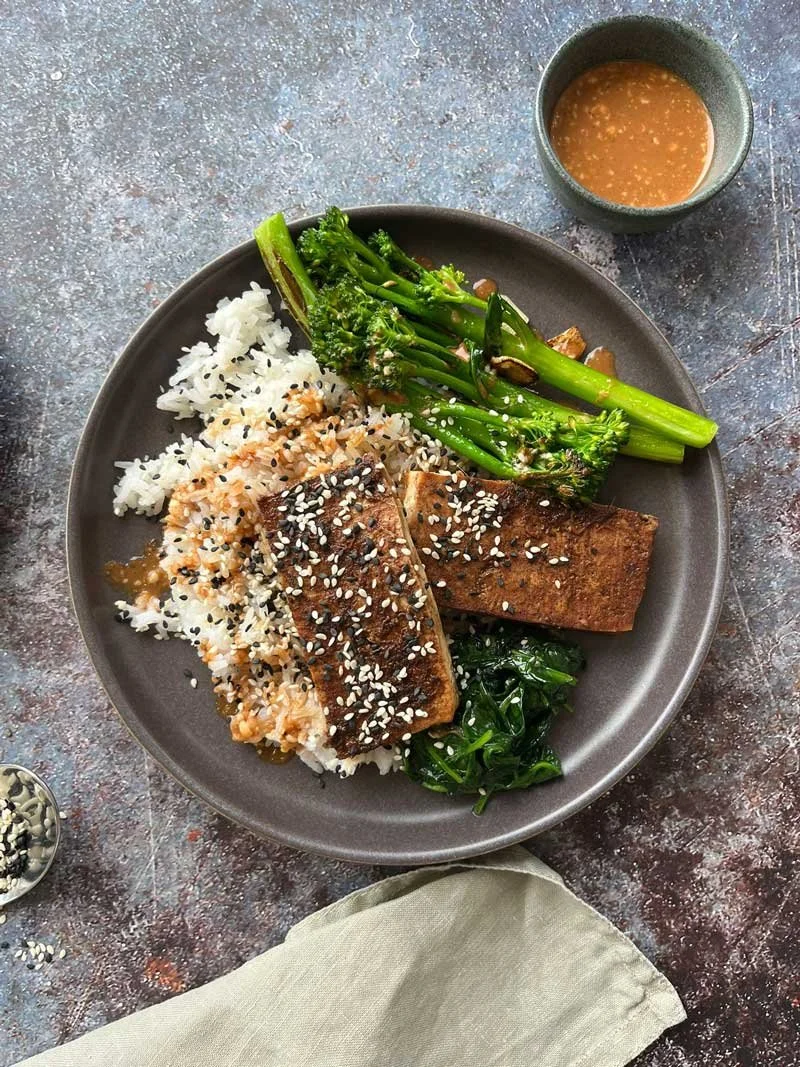 Sweet soy fish (tofu) with spinach and broccolini