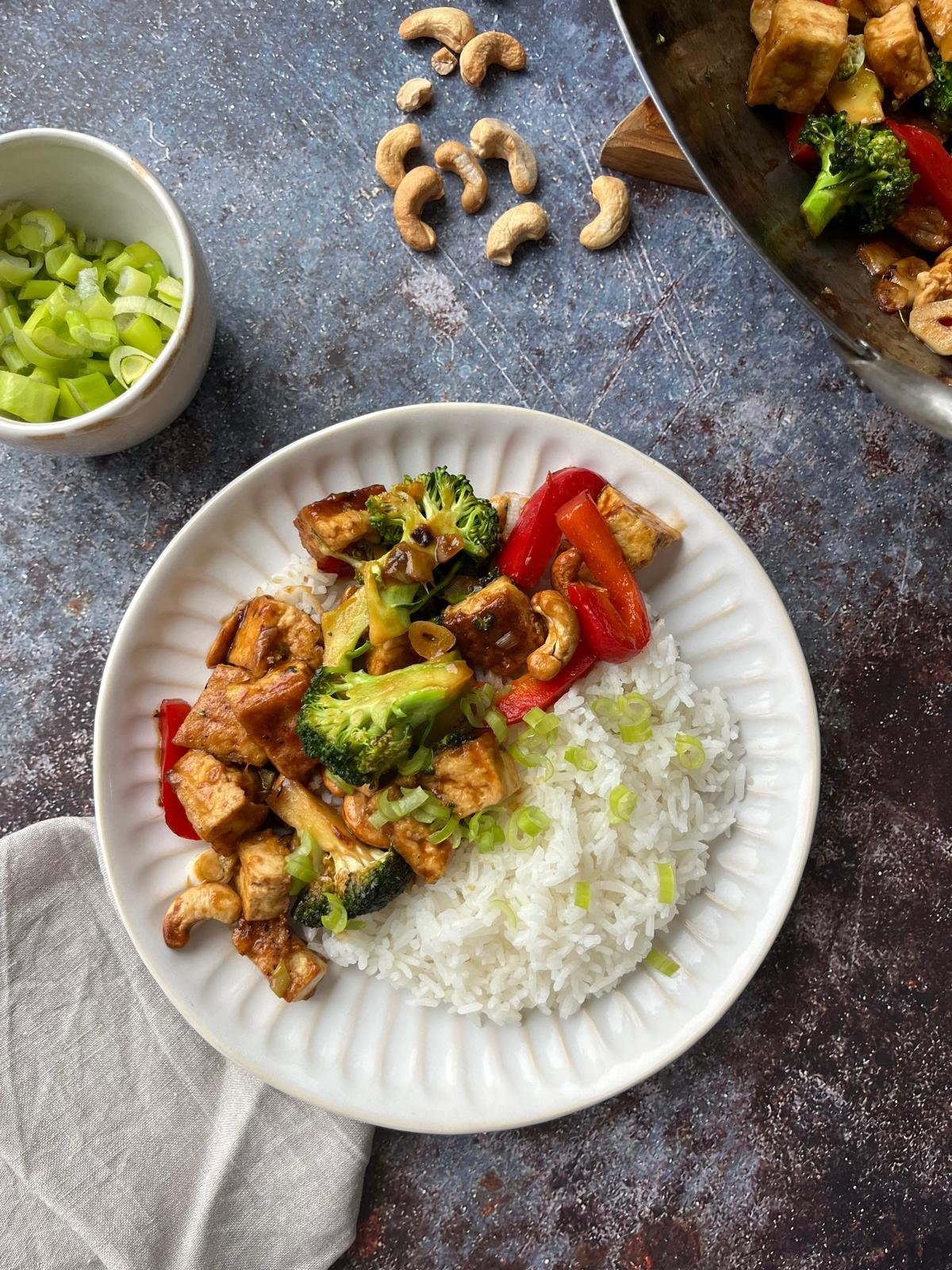 Cashew tofu stir-fry with rice