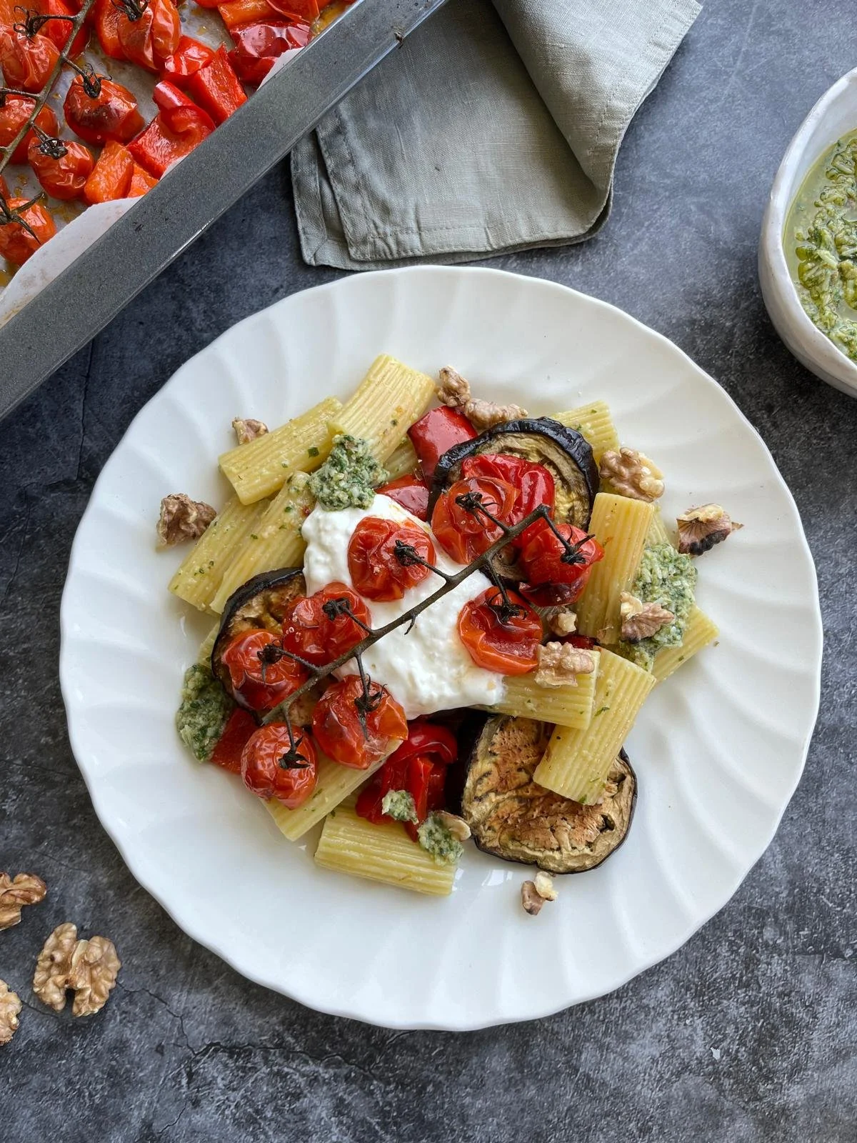Pasta pesto with roasted vegetables and burrata