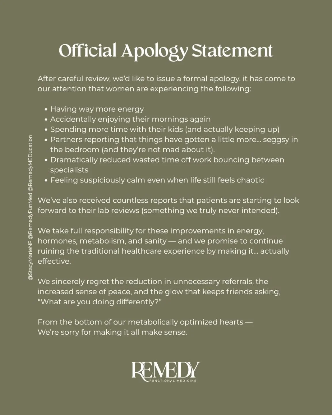 We&rsquo;d like to formally apologize for&hellip;

✅ More energy (without caffeine)
✅ Feeling calm for no reason
✅ Partners calling you suspiciously seggsy 😉
✅ Less wasted PTO between different medical offices 
✅ Actually looking forward to your lab