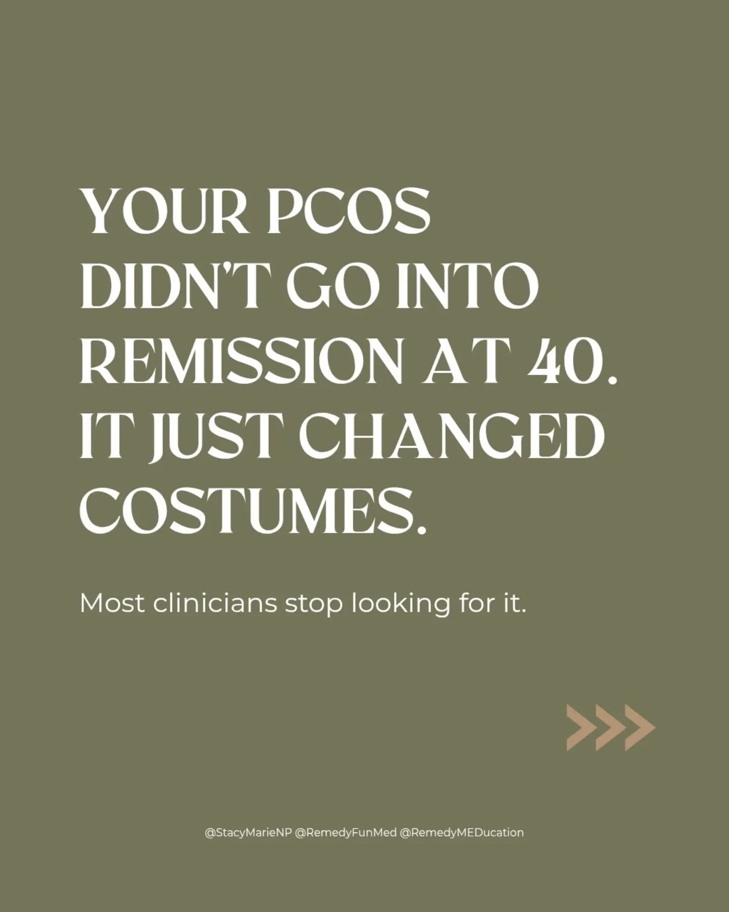 PCOS doesn't retire at 40.

The cysts were never the diagnosis. 
The metabolism was. 
And the metabolism doesn't care that you're closer to menopause now.

What actually happens in perimenopause:
&rarr; Cycles become more anovulatory
&rarr; Progester