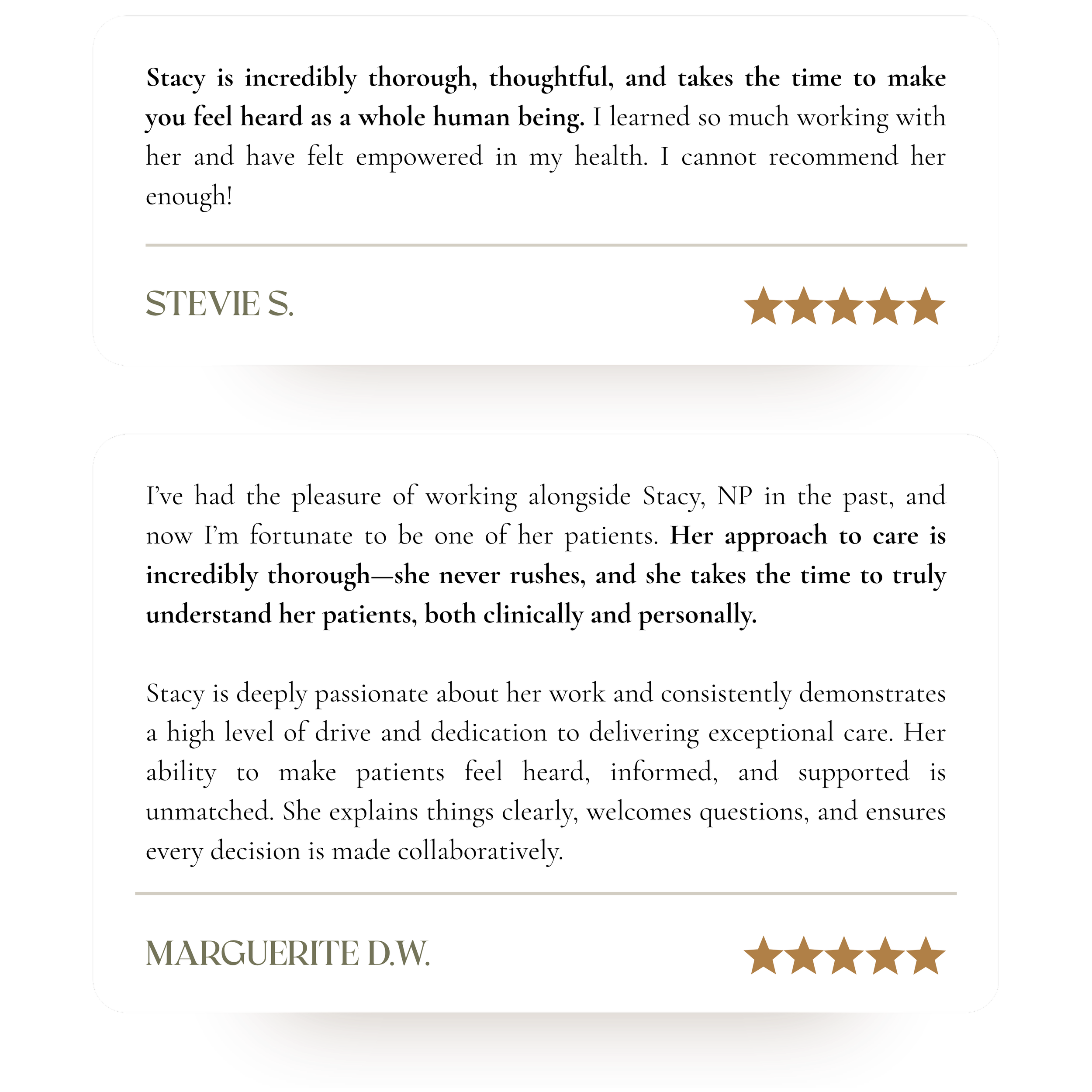 Close-up of a testimonial card with a five-star rating and quote about Stacy, a healthcare professional, praising her thoroughness and approach to patient care, with a name at the bottom, Marguerite D.W.