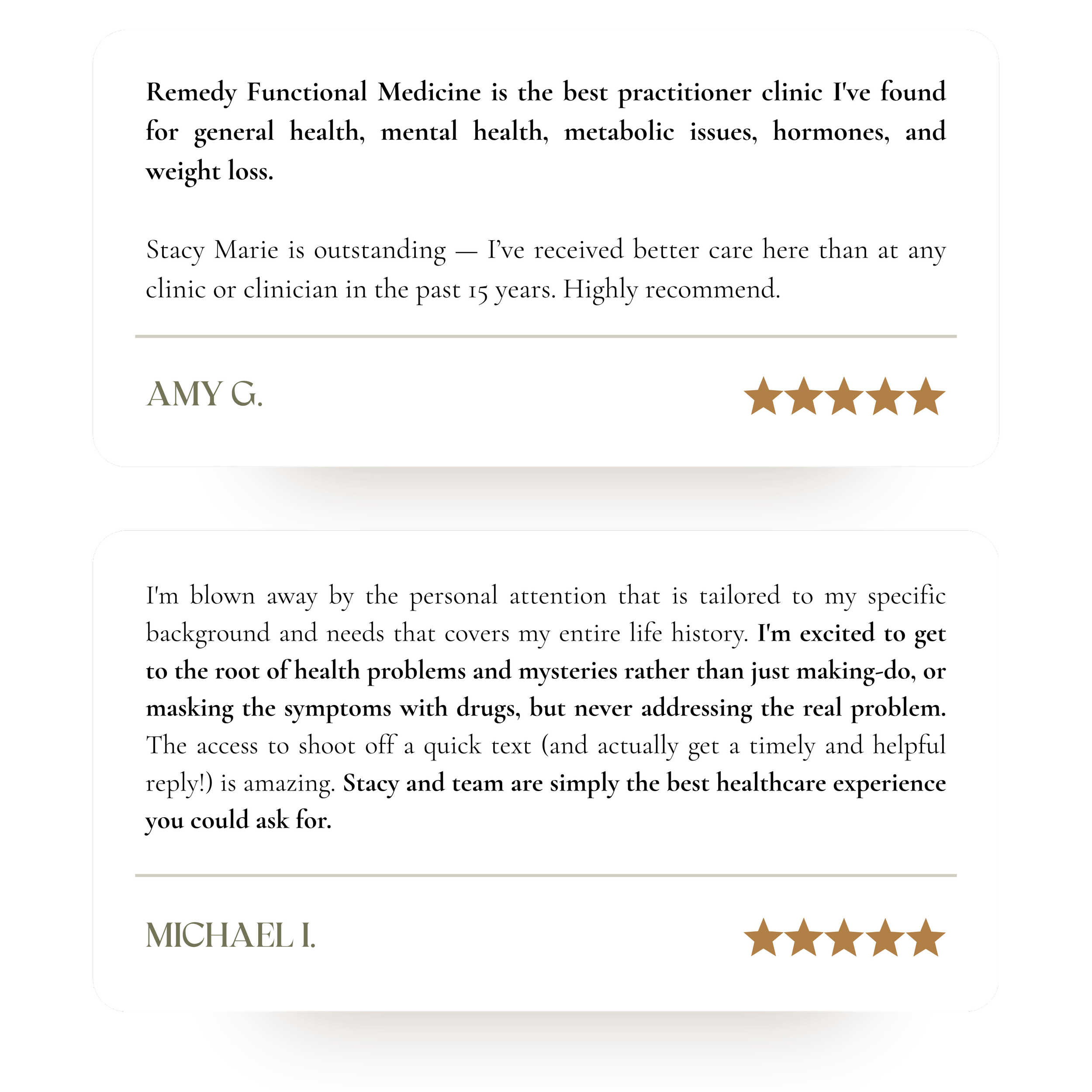 Testimonial for Remedy Functional Medicine emphasizing their care for general health, mental health, metabolic issues, hormones, and weight loss, signed by Amy G., with a five-star rating.