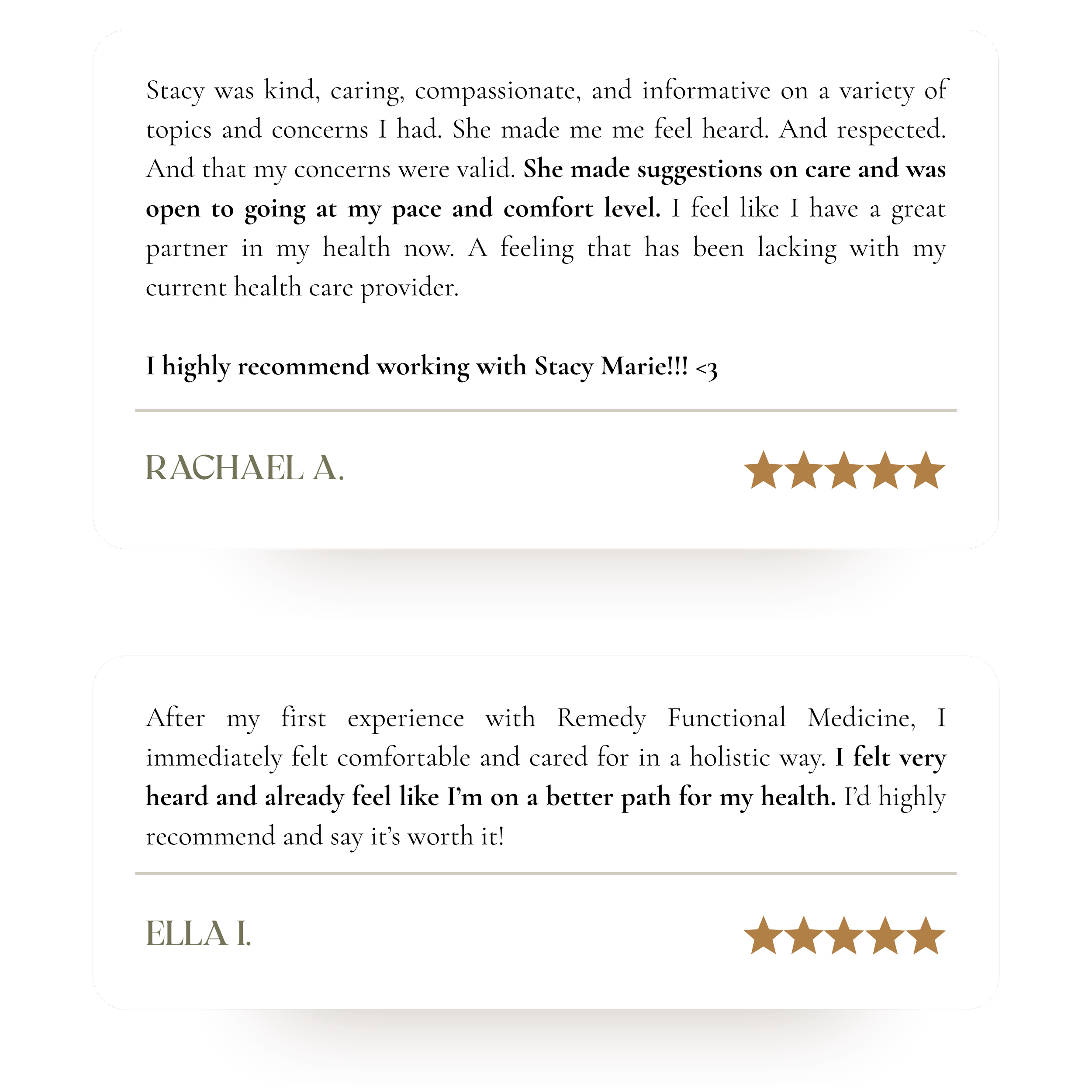 A testimonial letter praising Stacy Marie, highlighting her kindness, care, compassion, and helpful suggestions, with a five-star rating at the bottom.