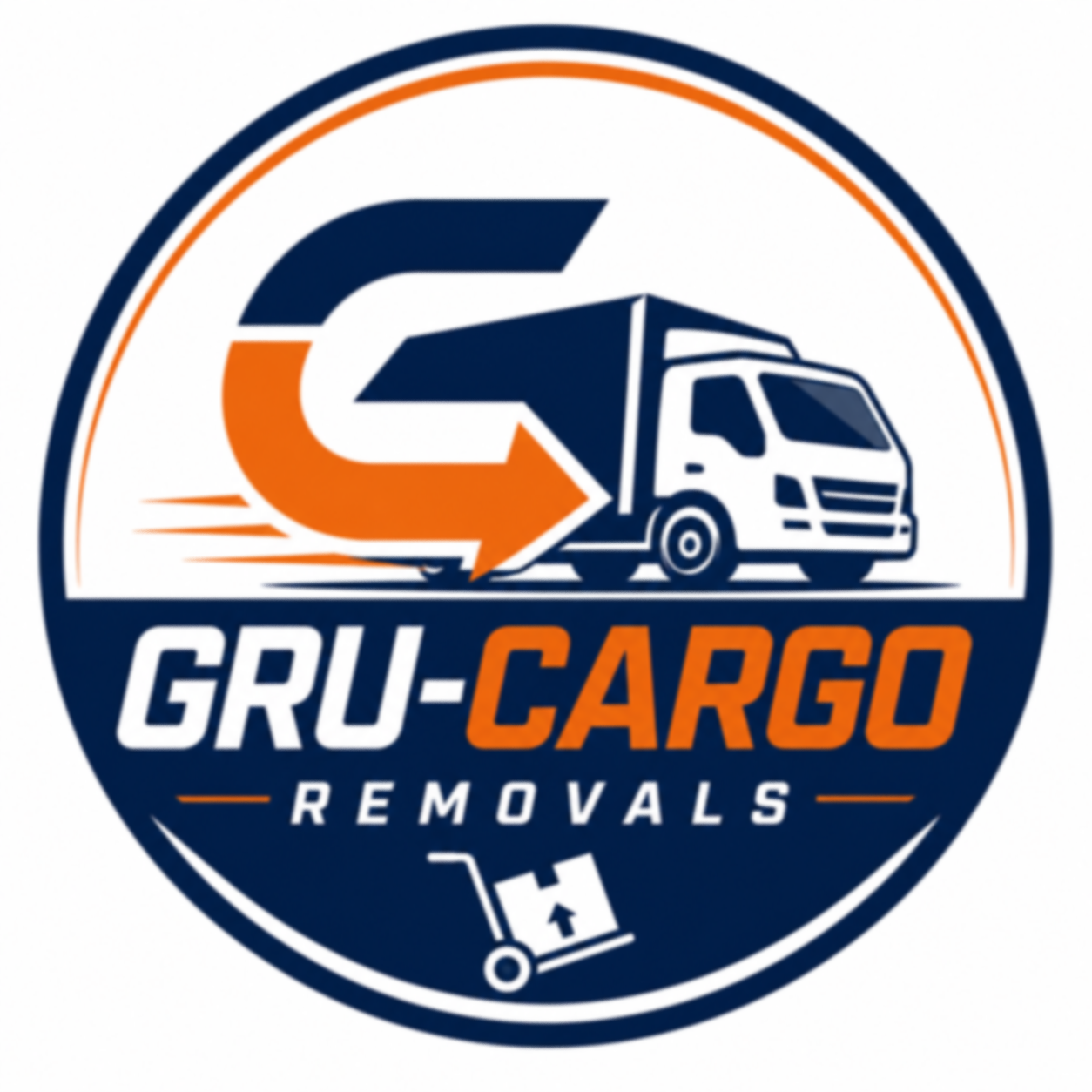 Logo for GRU-CARGO Removals featuring a truck, a large arrow, and a hand truck, with a navy blue, orange, and white color scheme.