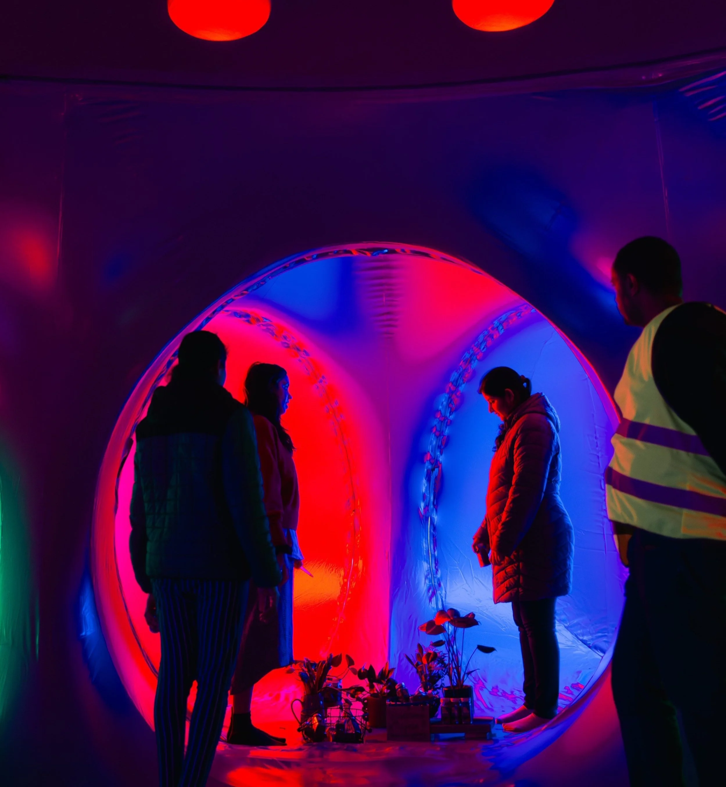 People standing near a circular, colorful LED tunnel with plants placed inside it.