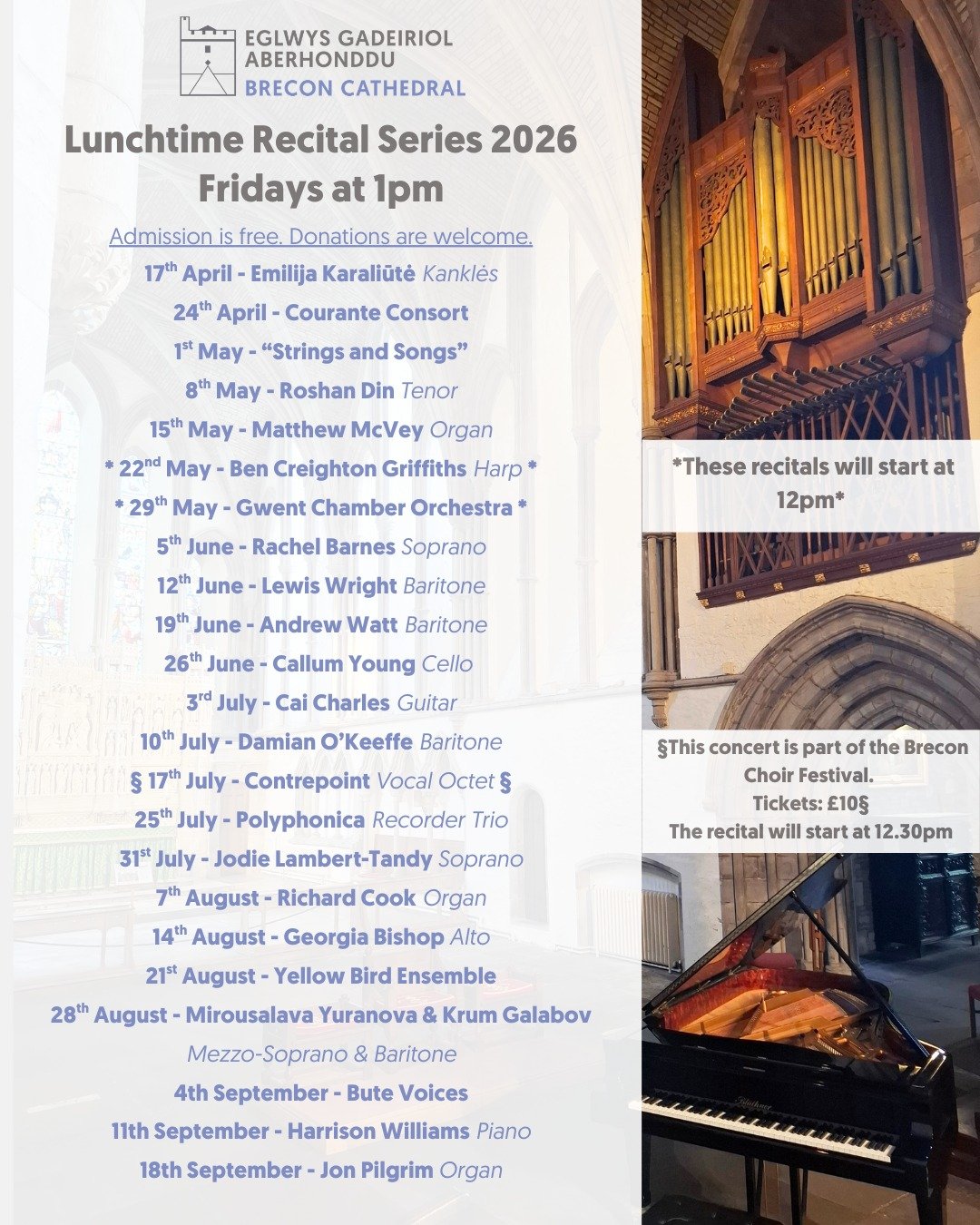 Friday Lunchtime Recital Series 2026 at Brecon Cathedral
