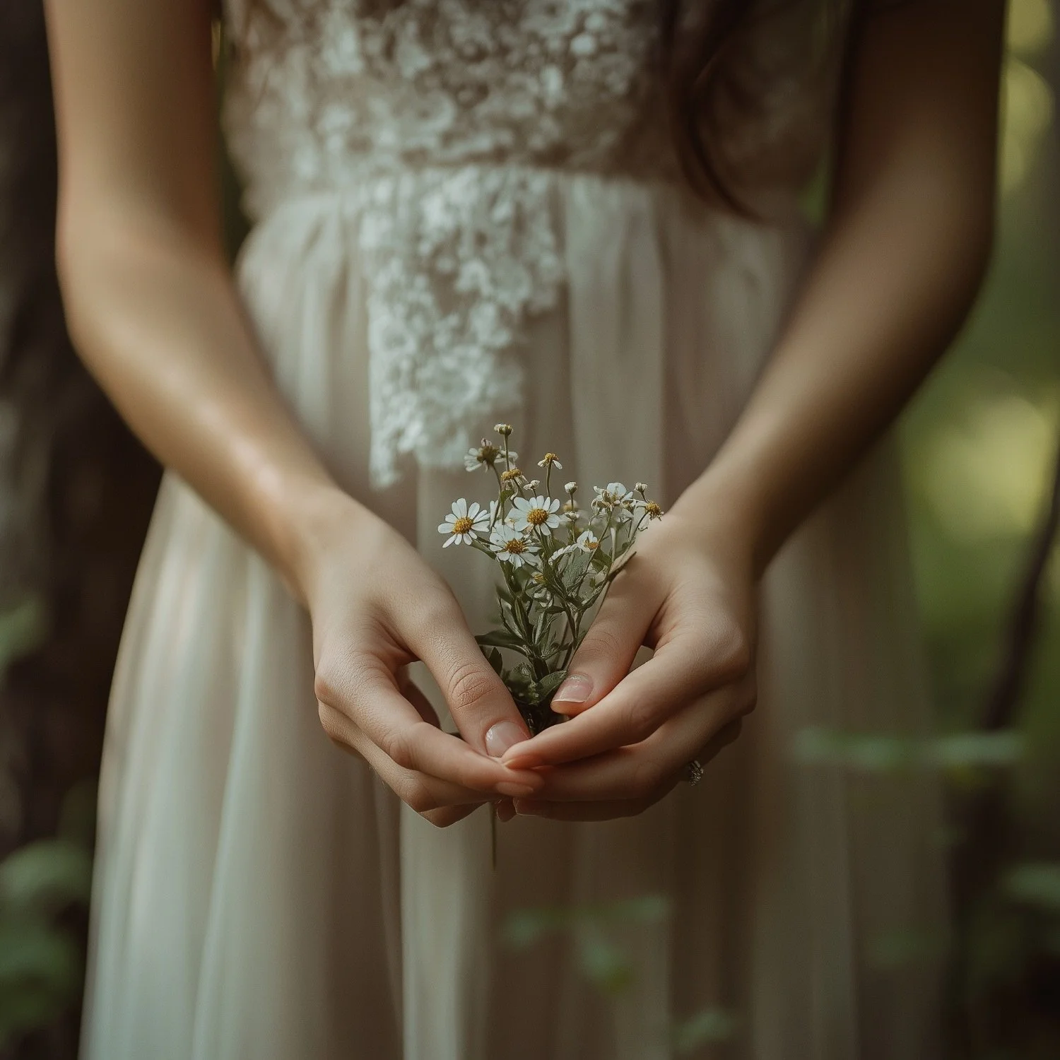 A woman holding a small bouquet of daisies with both hands, dressed in a cream-colored dress with lace detail, standing outdoors surrounded by greenery.