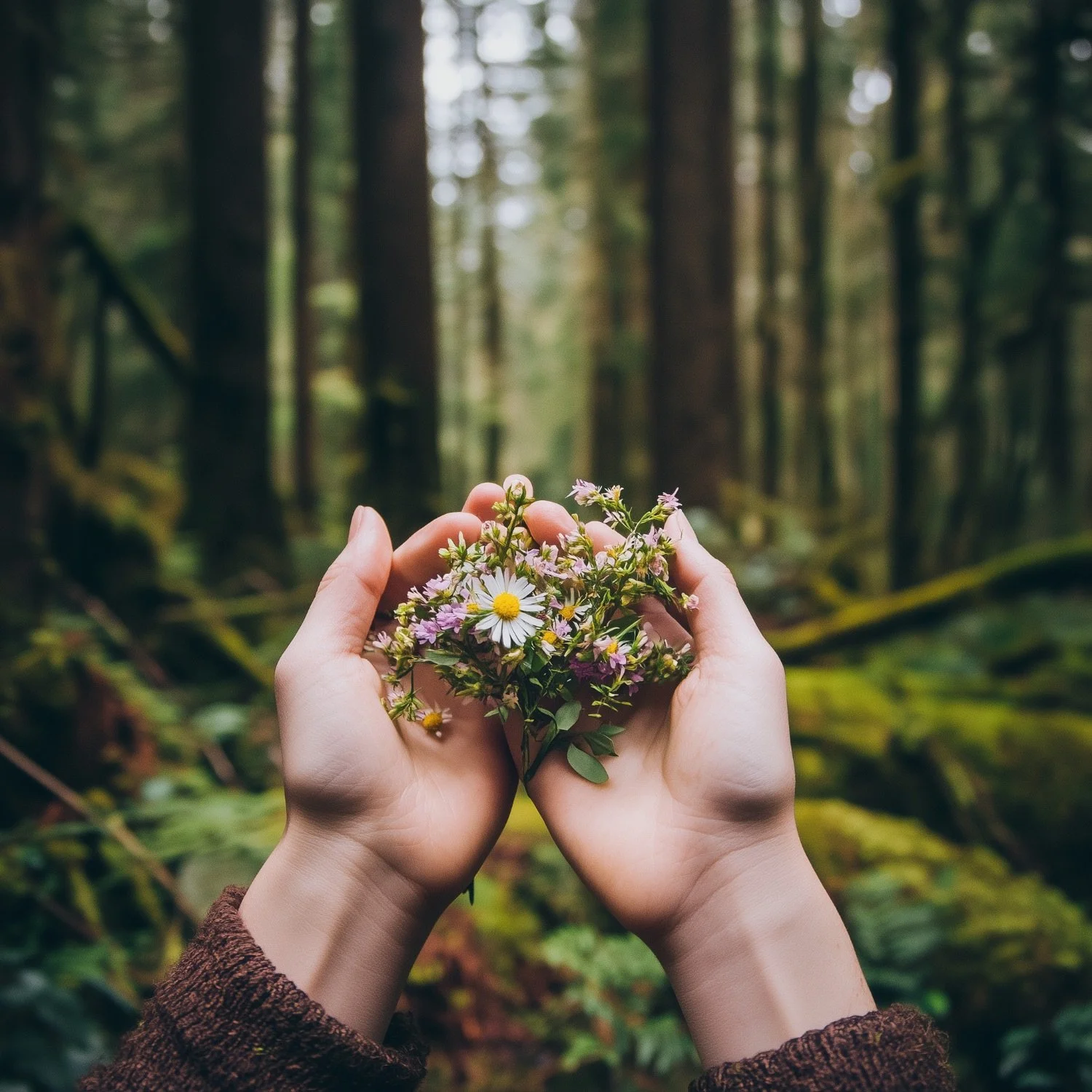 Two hands holding a small bouquet of wildflowers in a forest setting.