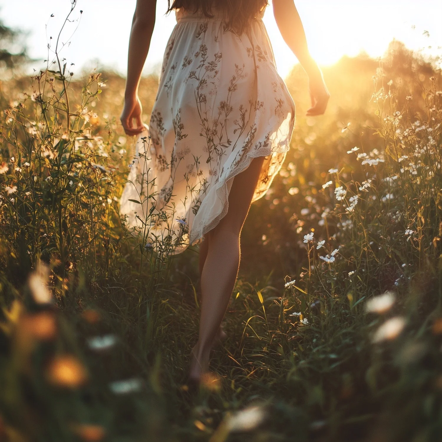 A person walking through a flower field during sunset, wearing a white floral dress.