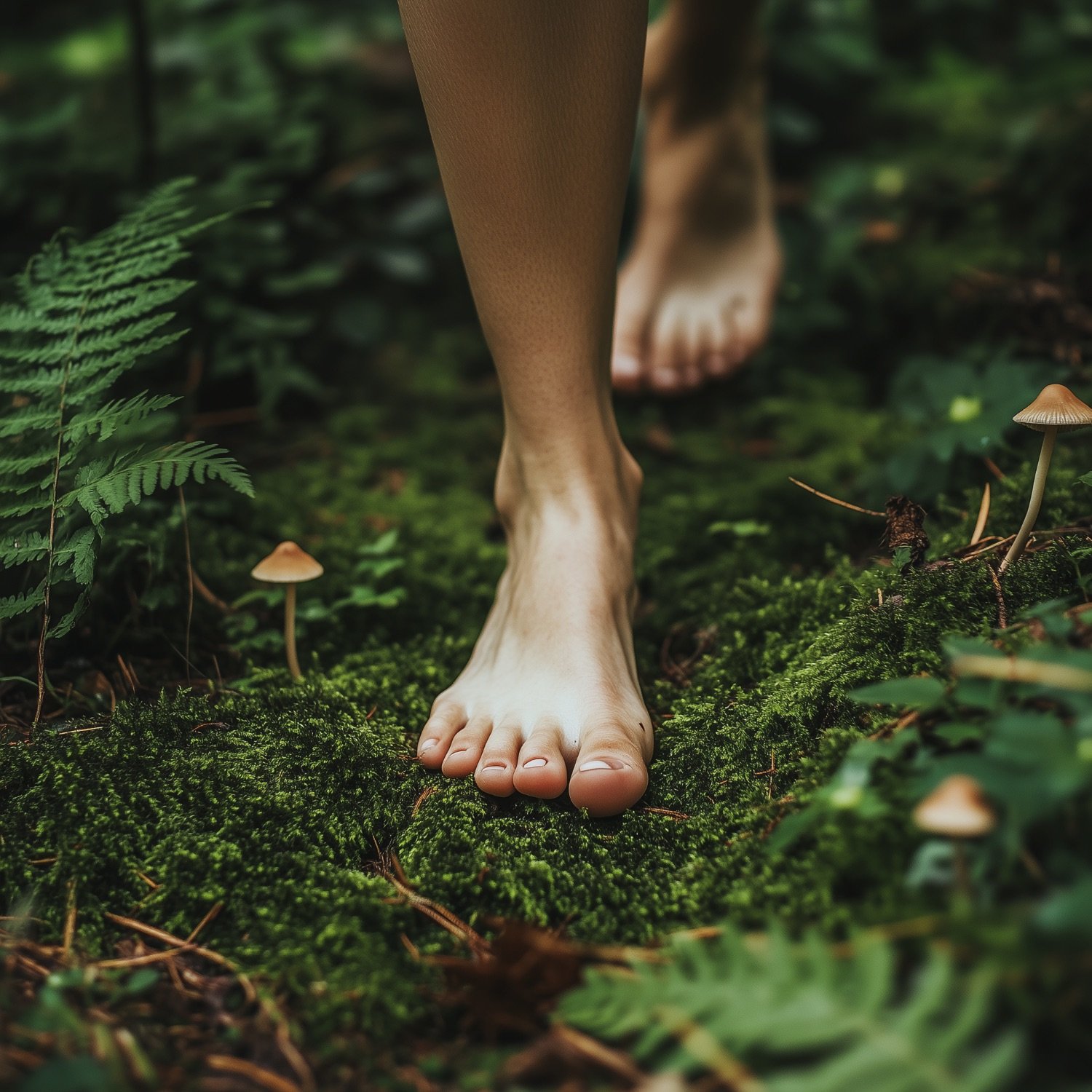 Close-up of a person's bare foot walking on a mossy forest floor with small mushrooms and green foliage.