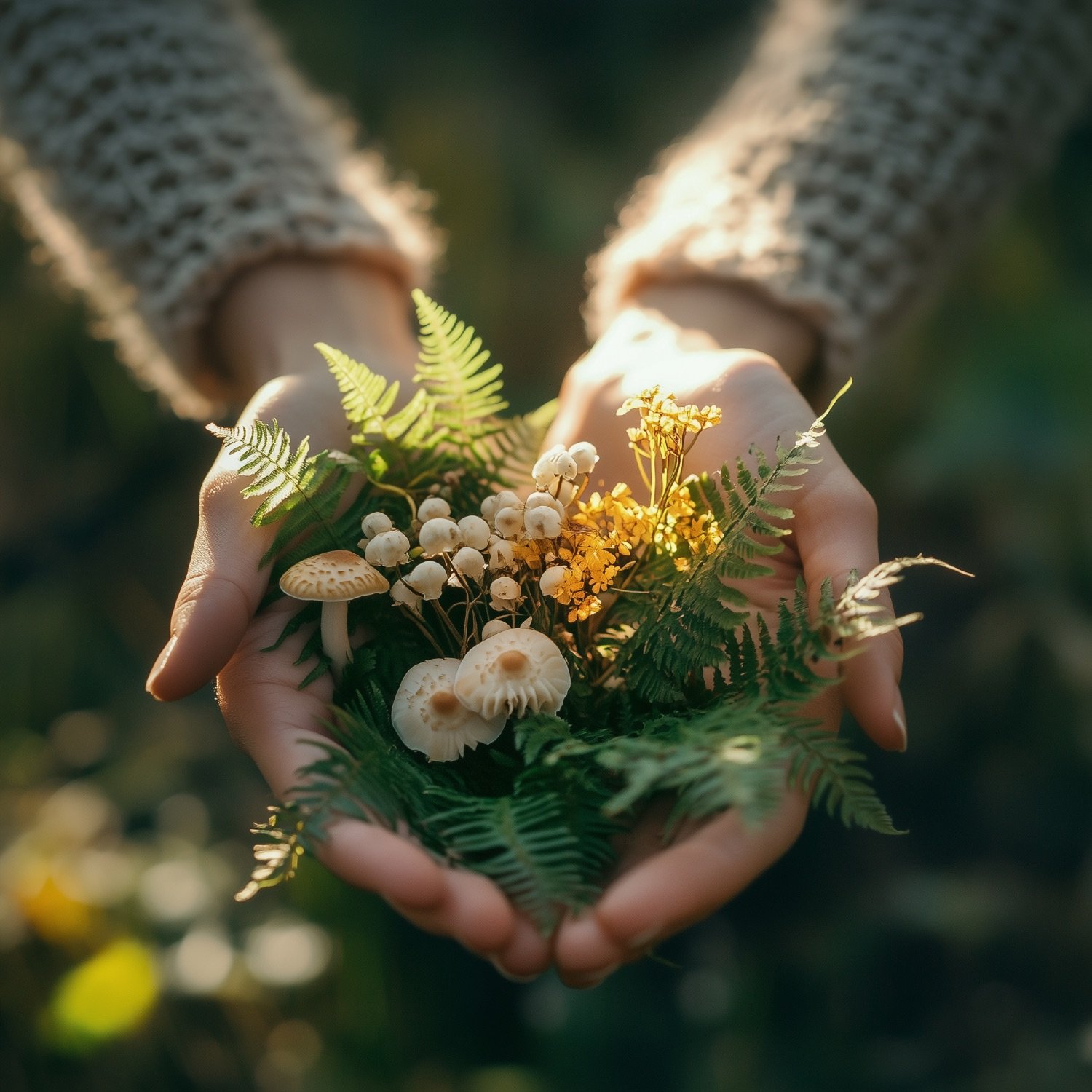 Person holding a small assortment of wild mushrooms, fern leaves, and yellow flowers outdoors with blurred natural background.