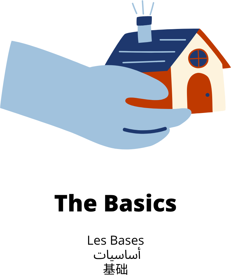 Cartoon illustration of a cozy house with a blue roof and a red door, surrounded by snowy landscape and mountains in the background.